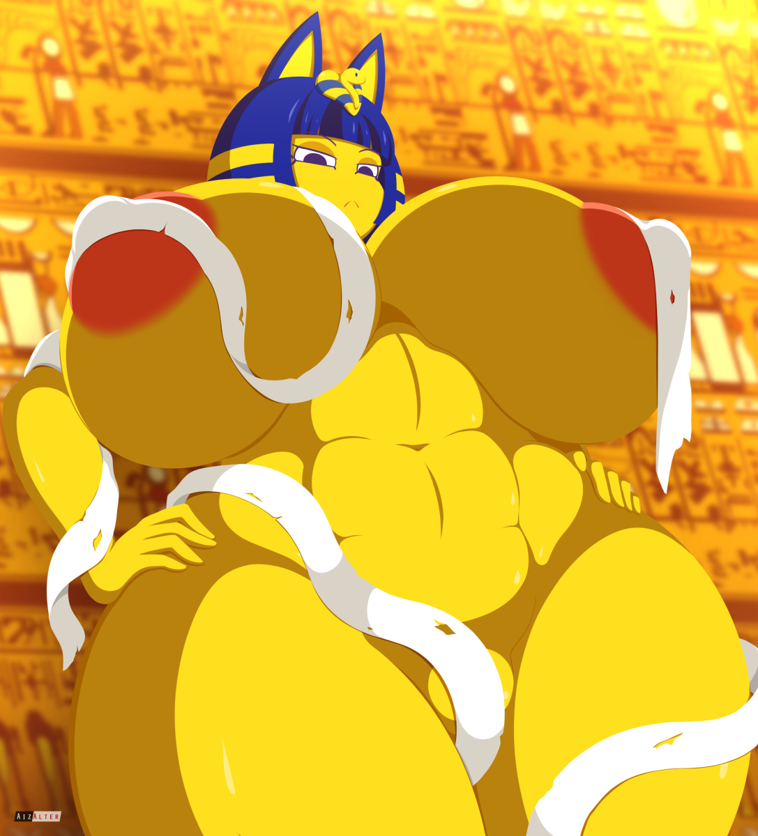 aizalter, animal crossing, animal ears, ankha, ankha (animal crossing), blue hair, breasts, cat ears, curvy, egyptian, feline, female, furry, hands on hips, large breasts, looking at viewer, looking down, nintendo, nipples, thick thighs, voluptuous, yellow fur