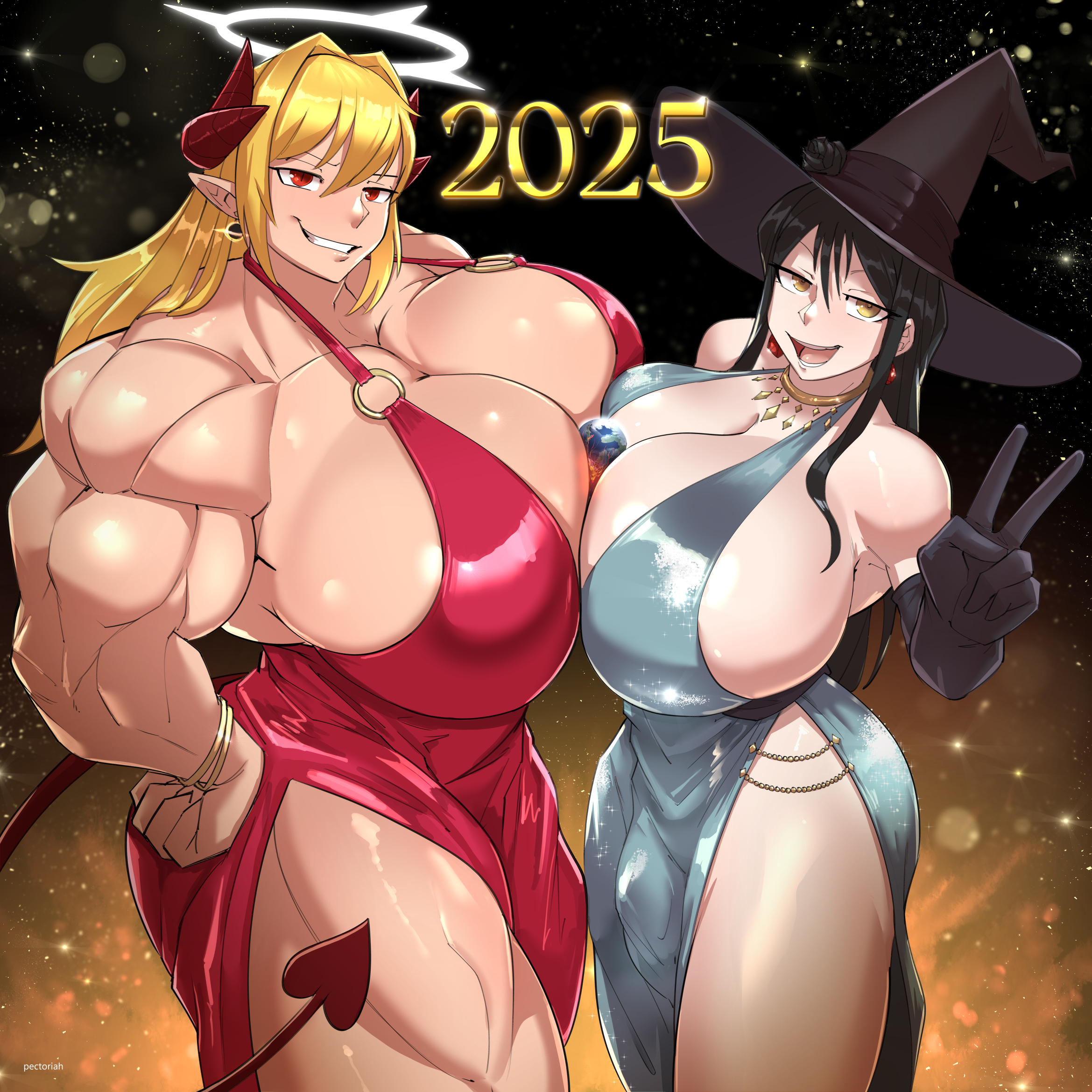 2girls, astronomical hyper, breasts, demon, earth, female, hyper breasts, muscular, muscular female, original character, pectoriah, sophia (pectoriah), succubus
