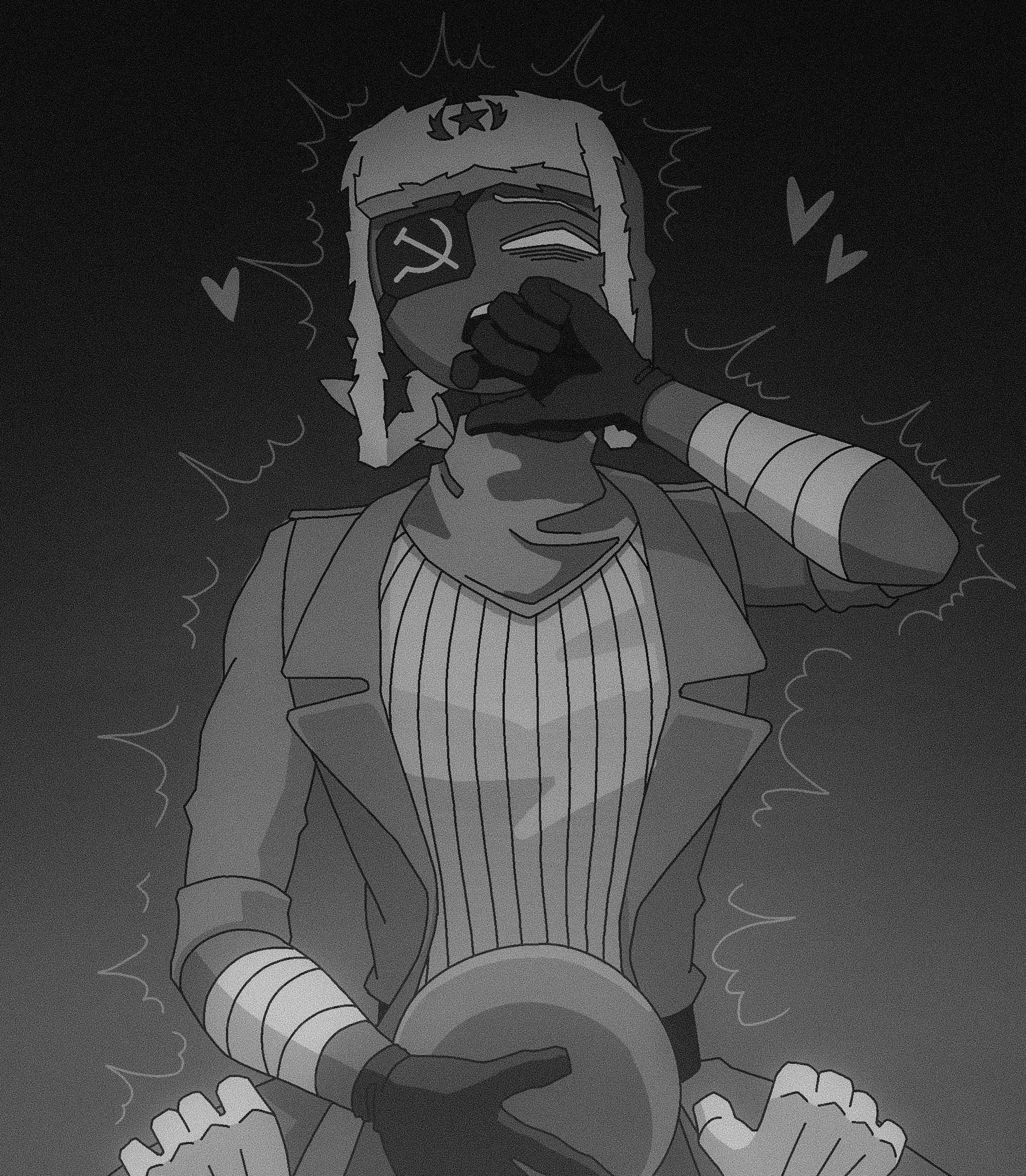 bandaged arm, black and grey, blowjob, circle head, countryhumans, fellatio, gay, gloved hands, hammer and sickle, heart symbol, male, male only, male/male, moaning, mostly clothed, nazi germany (countryhumans), octodyer, shivering, soviet union (countryhumans), sucking, sucking penis, ushanka