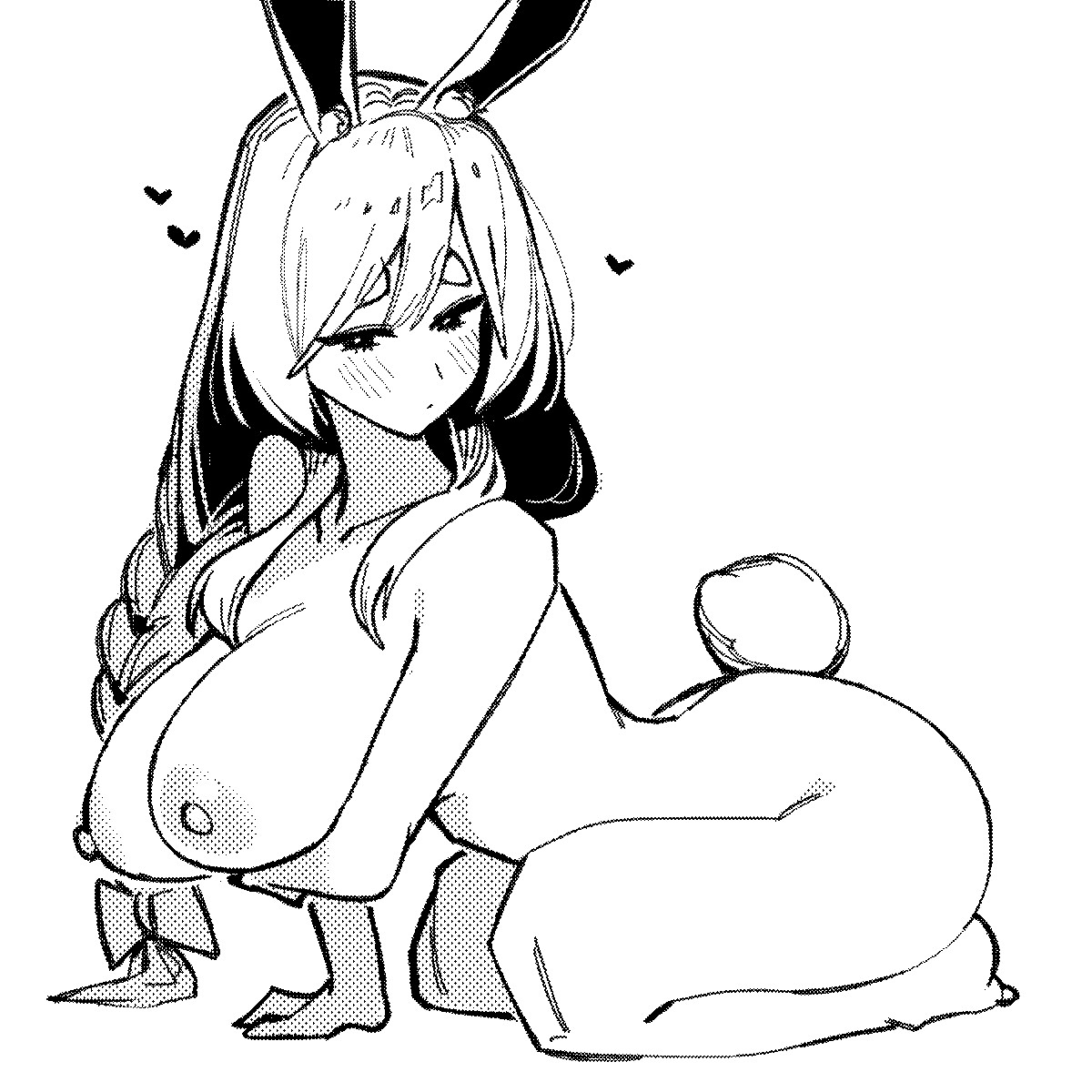 arched back, ass, braid, breasts, bunny ears, bunny girl, bunny tail, dismassd, embarrassed nude female, female, greyscale, hearts around head, hololive, hololive japan, large ass, large breasts, naked, naked female, nude, nude female, on all fours, pekomama, tagme, virtual youtuber