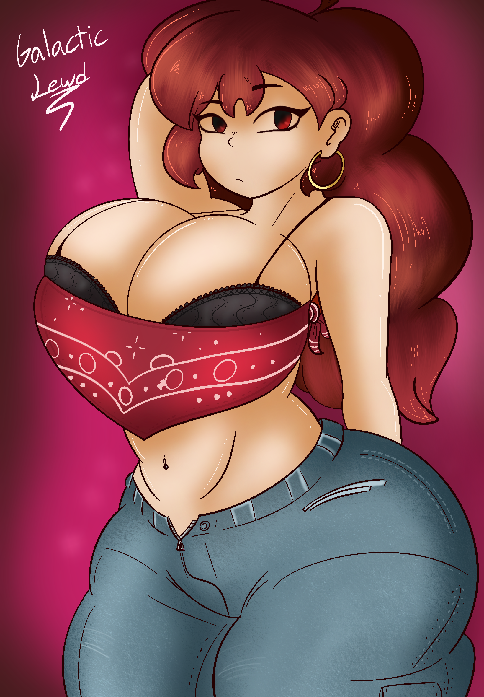1girls, artist name, artist signature, ass, auburn hair, bandana, big ass, big breasts, bra, breasts, breasts bigger than head, busty female, cleavage, cleavage overflow, clothed, crop top, curvaceous, curvy, curvy female, curvy figure, earrings, fair-skinned female, female, female only, fit, fit female, fnf, fnf mod, fnf mods, friday night funkin, friday night funkin mod, friday night funkin: funkadelix, funkadelix girlfriend (friday night funkin), galacticlewd, girlfriend (friday night funkin), hips, hoop earrings, huge ass, huge breasts, huge thighs, jeans, large breasts, long hair, massive breasts, red eyes, red hair, revealing clothes, simple background, solo, solo female, thick thighs, tight clothes, tight clothing, tight fit, voluptuous, voluptuous female, wide hips