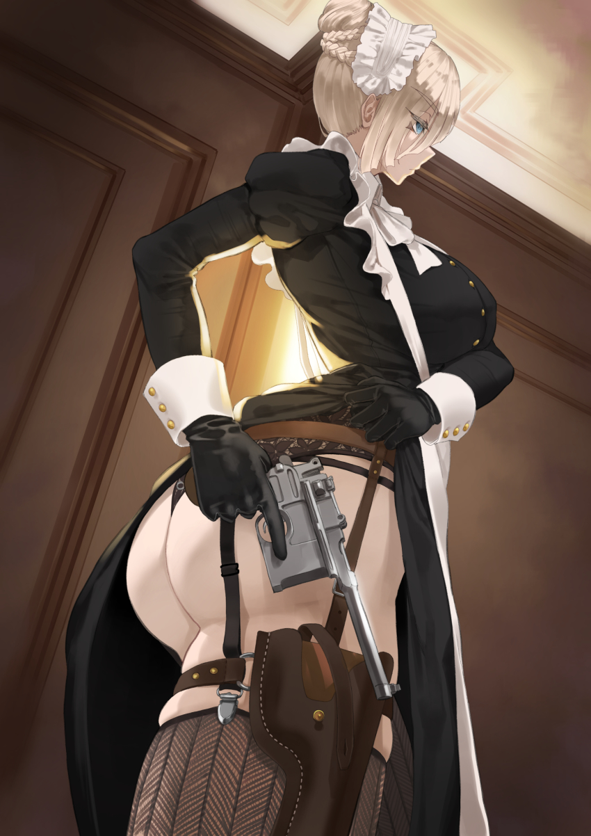 ass, black gloves, blonde hair, braid, breasts, dress, expressionless, female, french braid, gloves, gun, handgun, highres, huge ass, indoors, large breasts, looking afar, maid, maid headdress, original, pinafore dress, sleeveless, sleeveless dress, throtem, victorian maid, weapon