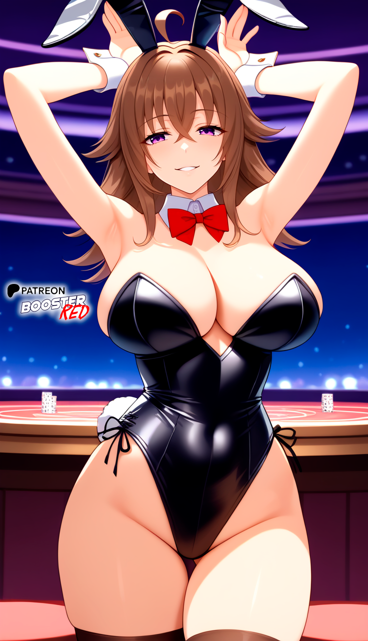 ahoge ai_generated arms_above_head arms_behind_head bare_shoulders black_leotard black_stockings black_thighhighs boosterred99 brown_hair bunny_ears casino fake_animal_ears hair_between_eyes high_school_dxd large_breasts leotard medium_hair naughty_face night playboy playboy_bunny playboy_bunny_leotard pony_diffusion_xl purple_eyes red_bow stockings thighhighs venelana_gremory wide_hips wrist_cuffs