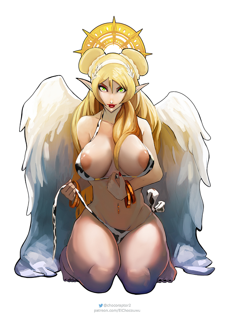 1female 1girls 2d 2d_(artwork) 2d_artwork angel angel_girl angel_wings areola areola_slip areolae belly big_areola big_areolae big_breasts big_thighs bikini blonde_female blonde_hair blonde_hair_female bracelet bracelets breasts busty chocoraptor commission cow_bikini curvy curvy_body curvy_female curvy_figure diadem female female_focus female_only giant_breasts green_eyes hair_bun hi_res hiding_pussy high_resolution highres hips holy hourglass_figure huge_breasts illustration large_breasts long_hair looking_at_viewer navel nsfw oc original original_character pinup pointy_ears red_lipstick religion smiling smiling_at_viewer solo solo_female solo_focus thick_thighs voluptuous voluptuous_female wide_hips