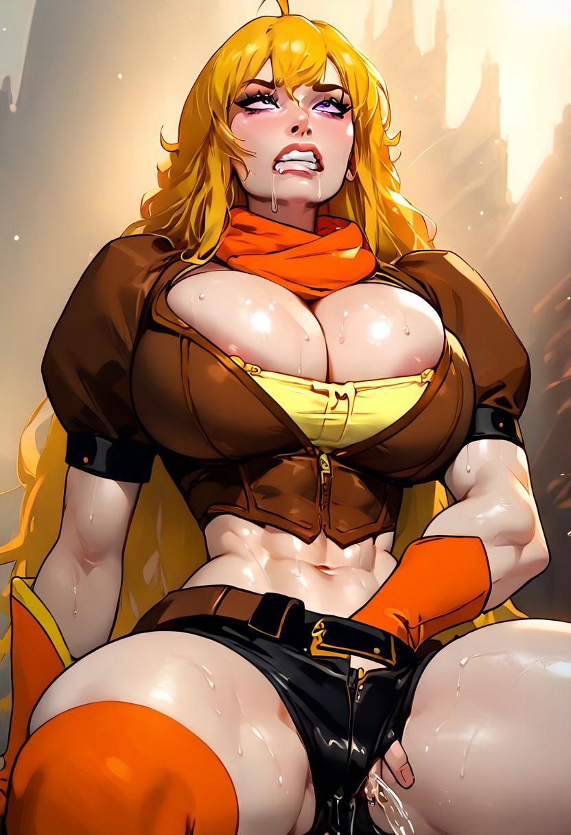 abs ahe_gao ahoge ai_generated athletic_female belly belly_button blonde_hair bombardast breasts brown_jacket bursting_breasts classroom cleavage drooling eyes_rolling_back female female_masturbation female_only fingering golden_hair grin hardcore huge_ass huge_breasts huge_cleavage indoors jacket jerk large_ass large_breasts lipstick long_hair looking_at_viewer masturbation micro_shorts midriff mind_break muscular orange_scarf puffy_sleeves purple_eyes red_lipstick rwby scarf sexy shiny shiny_skin short_sleeves smile solo sweat sweating tagme womansplaining_yourself yang_xiao_long