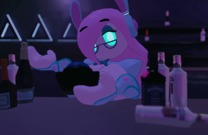 alcohol_bottles alien alien_girl alien_humanoid bar bar_counter bartender blue_eyes bowtie_collar bunnysuit cyan_clothing holding_remote itscrumpus jack_daniel's kirby_(series) looking_at_viewer partially_clothed pink_hair shoulder_pads susanna_patrya_haltmann susie_(kirby) vrchat vrchat_avatar wrist_cuffs