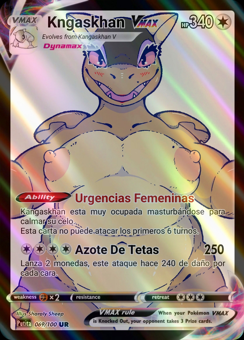 anthro areola belly big_areola big_belly big_breasts blush breasts brown_body brown_skin card card_template clothed clothing digital_media_(artwork) erect_nipples eyebrows eyelashes female gameplay gameplay_mechanics generation_1_pokemon genitals gui health_bar hi_res huge_breasts kangaskhan looking_at_viewer mammal nintendo nipples nude open_mouth overweight pink_areola pink_nipples pokemon pokemon_(species) pokemon_card pussy red_eyes scalie sharalythesheep simple_background smile solo symbol tanned_skin teeth text thick_thighs trading_card trading_card_game trading_card_template