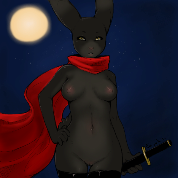 2011 anthro areola breasts buck_teeth cape countershading ear_up eelyak female flat_belly fur furry grey_fur hands katana lagomorph looking_up medium_breasts moon navel night nude open_mouth pink_nose pussy rabbit solo standing stars stockings sword teeth thigh_highs weapon yellow_eyes