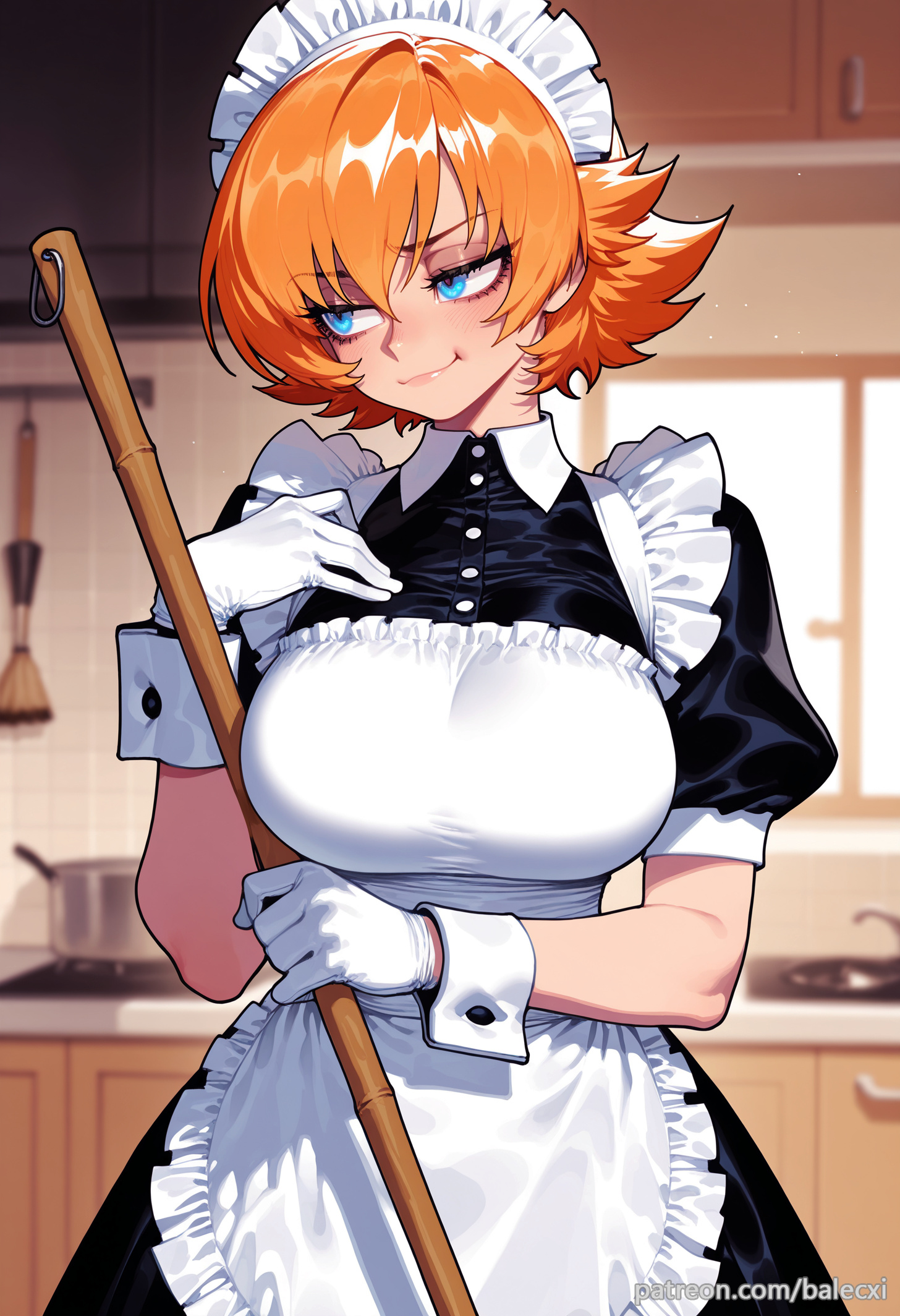 ai generated, balecxi, black dress, blue eyes, breasts, broom, female, flipped hair, frills, holding, igawa sakura, indoors, kitchen, large breasts, lilith-soft, maid, maid apron, maid headdress, orange hair, patreon username, puffy short sleeves, puffy sleeves, short hair, short sleeves, solo, taimanin (series), taimanin asagi1girl, taimanin rpgx, white apron, white gloves, wrist cuffs