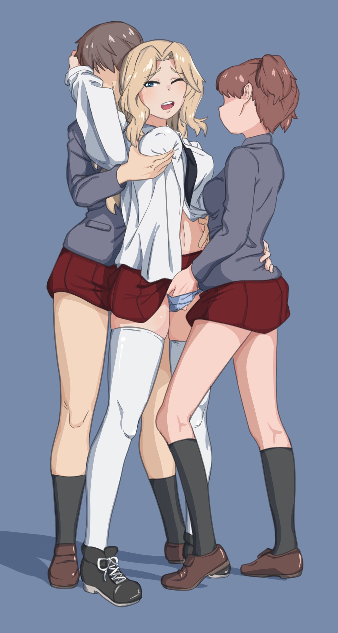 3girls alisa_(girls_und_panzer) blonde_hair blue_background blue_eyes blush breasts brown_hair covered_nipples faceless faceless_female full_body girl_sandwich girls_und_panzer grabbing_another's_breast grabbing_from_behind groping hand_in_another's_panties hand_in_panties highres huaronanago kay_(girls_und_panzer) long_hair miniskirt multiple_girls naomi_(girls_und_panzer) navel one_eye_closed open_mouth panties red_skirt sandwiched saunders_school_uniform school_uniform short_hair simple_background skirt thighhighs underwear white_thighhighs yuri