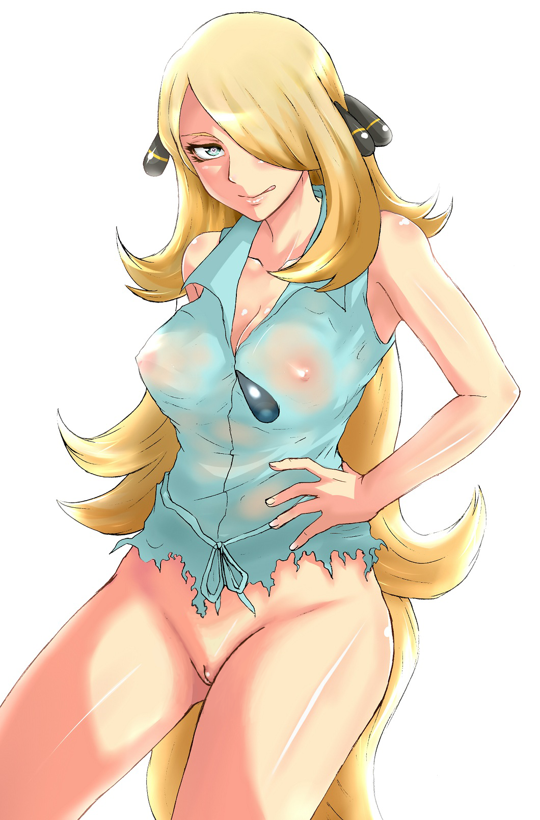 :p blonde_hair blue_eyes bottomless breasts cleavage cynthia_(pokemon) edit female female_only hair_ornament hair_over_one_eye highres human human_only large_breasts long_hair nipples pokemon pokemon_(anime) see-through smile solo tongue turizao uncensored very_long_hair