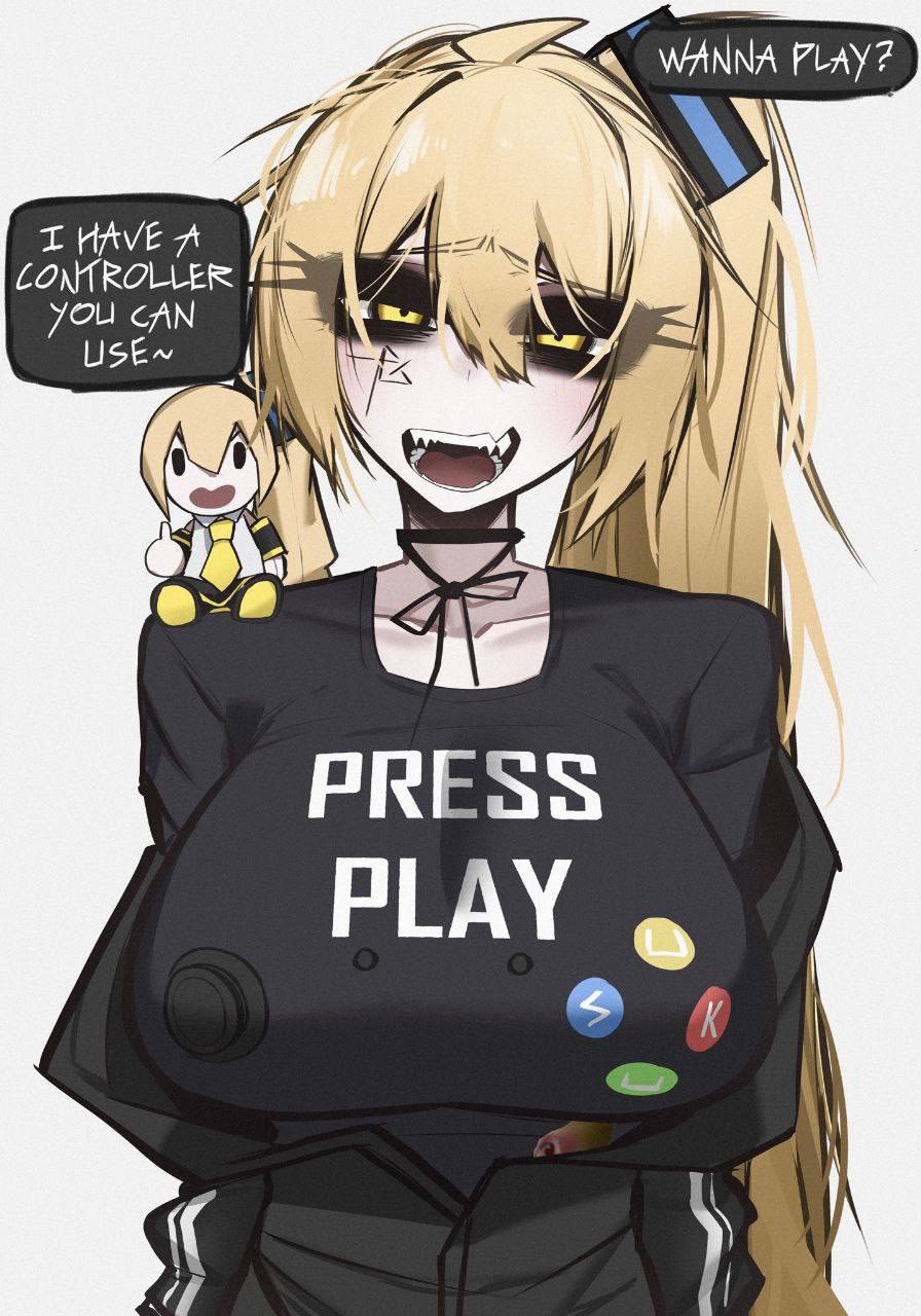 1girls, akita neru, big breasts, blonde hair, breasts, english text, fanloid, female, female only, glitchace, goth, light-skinned female, pearto, plushie, solo, talking to viewer, yellow eyes, yellow hair