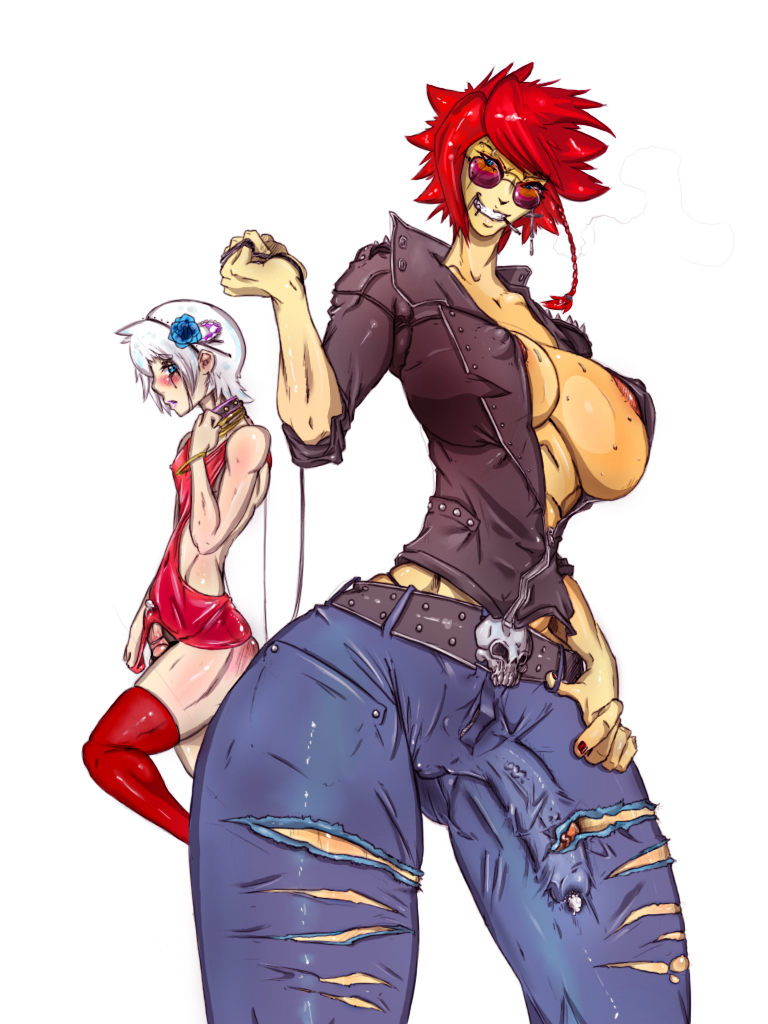 1boy 1girls big_breasts blush breasts bulge collar darthsaburou femboy futa_with_male futanari hair intersex leash nipple_slip penis_in_jeans penis_outline precum red_hair trap veins veiny_penis white_hair wicked_smile