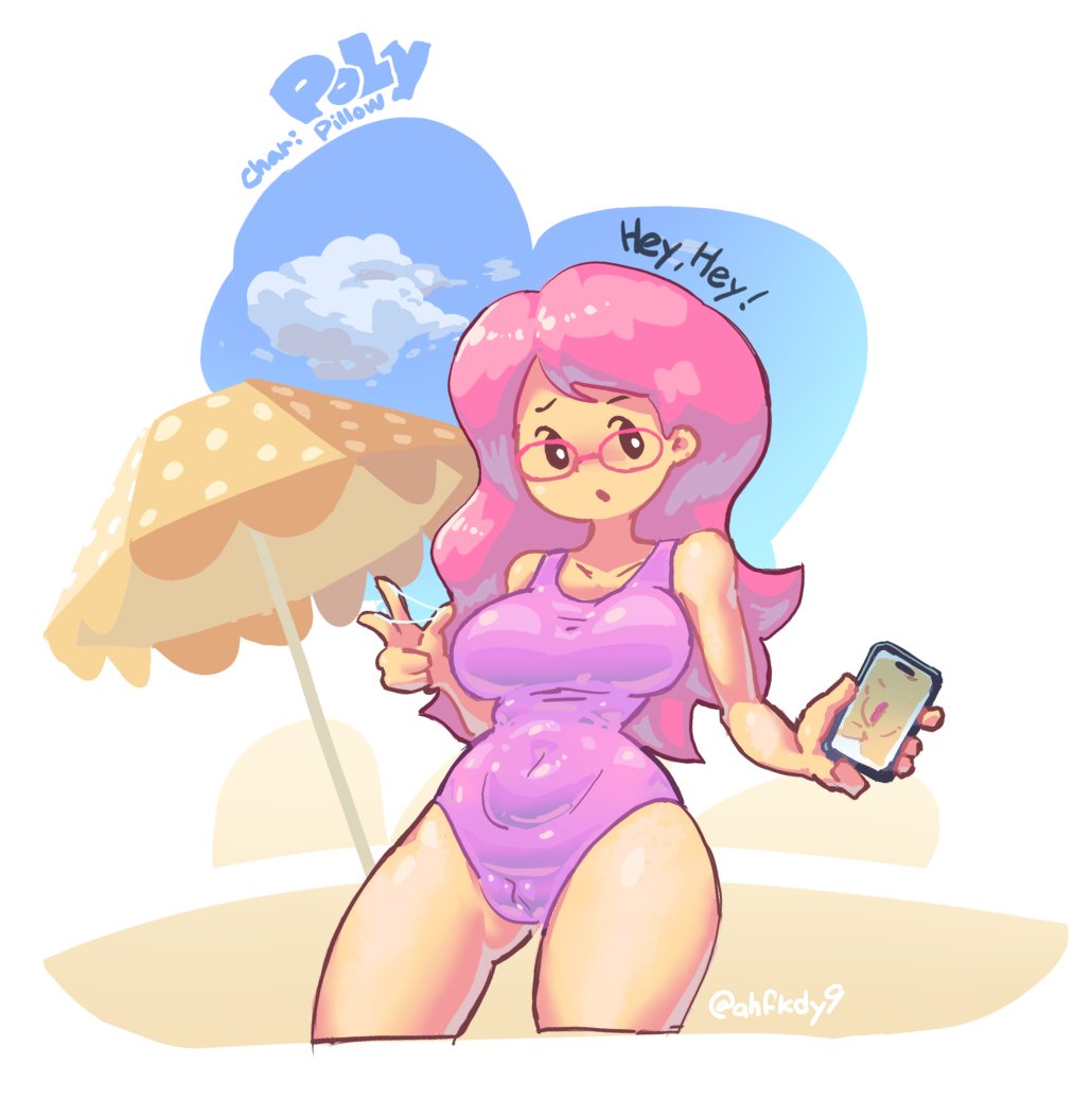 1female 1girls 5_fingers ahfkdy7 beach breasts collarbone english_text glasses phone phone_screen picture pink_hair pussy sand swimsuit swimwear text thighs