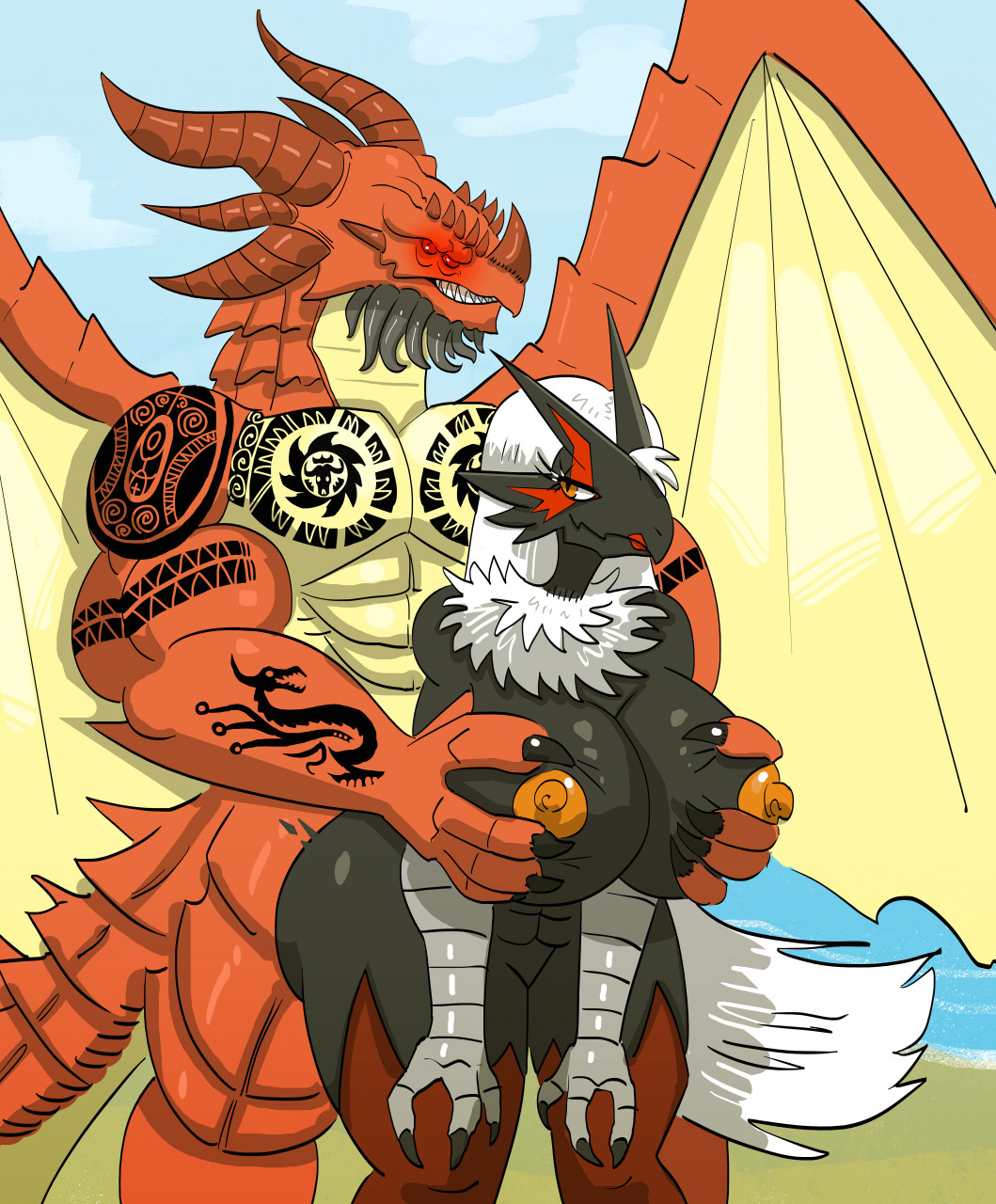 alien bird blaziken breast_grab breast_squeeze dragon pokemon