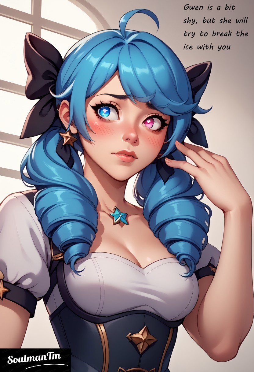 ai_generated artist_name blue_hair dialogue dress english_text female girl gwen_(league_of_legends) league_of_legends league_of_legends:_wild_rift shy soulmantm text