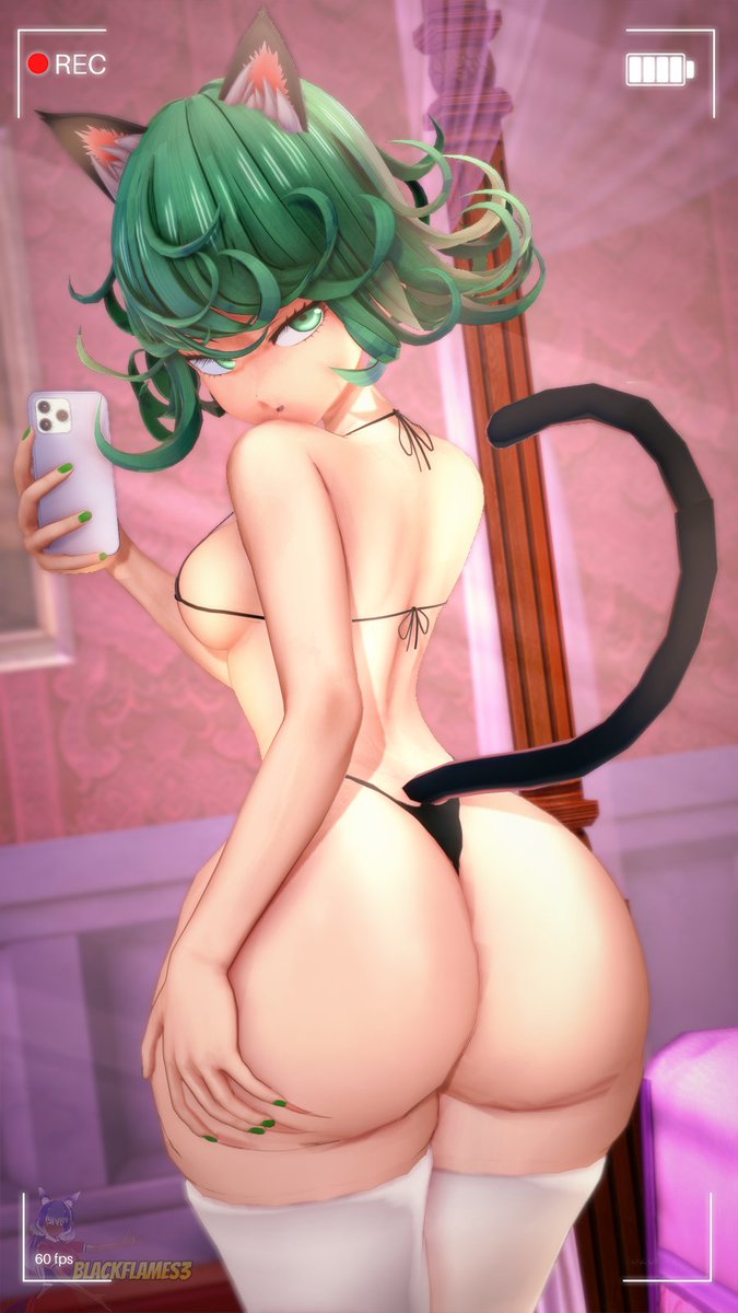 1girls 3d artist_name ass ass_focus back_view bare_shoulders barely_clothed bikini black_bikini blackflames3 bottom_heavy cat_ears cat_girl cat_tail catgirl curly_hair female female_only grabbing_own_ass green_eyes green_hair green_nails holding_object holding_phone huge_breasts indoors light-skinned_female light_skin looking_at_viewer looking_back medium_hair nail_polish narrow_waist one-punch_man revealing_clothes selfie skindentation slim_waist small_breasts smartphone solo solo_female stockings tatsumaki thick_thighs thighhighs thighs white_stockings white_thighhighs wide_hips