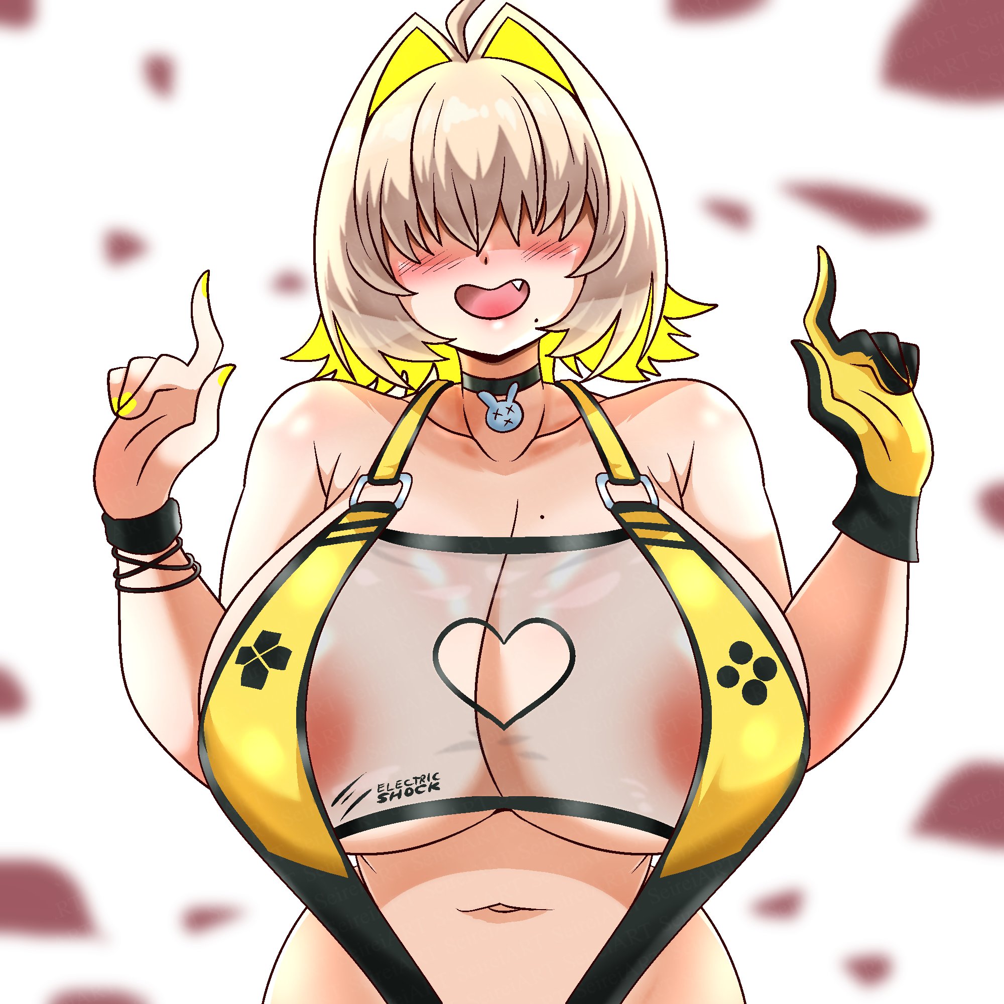 1girls, areolae slip, big breasts, bikini, blush, blush lines, boob window, breasts, cute fang, elegg (boom and shock) (nikke), elegg (nikke), female, goddess of victory: nikke, hair over eyes, huge breasts, light-skinned female, mole, mole on breast, mole under mouth, one glove, platinum blonde hair, seireiart, solo, solo female, underboob, yellow nails