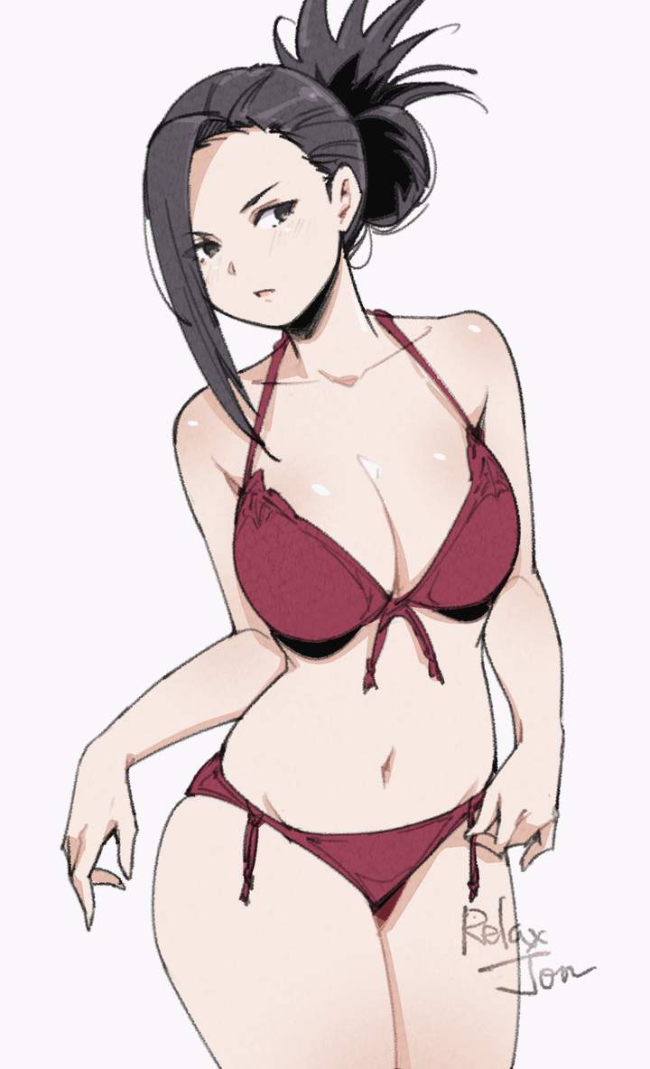1girls, ass, big ass, big breasts, bikini, black eyes, black hair, black-haired female, blush, breasts, female, female focus, female only, looking at viewer, momo yaoyorozu, my hero academia, navel, one eye closed, open mouth, ponytail, relaxjon, solo, solo female, solo focus, swimsuit, thick thighs