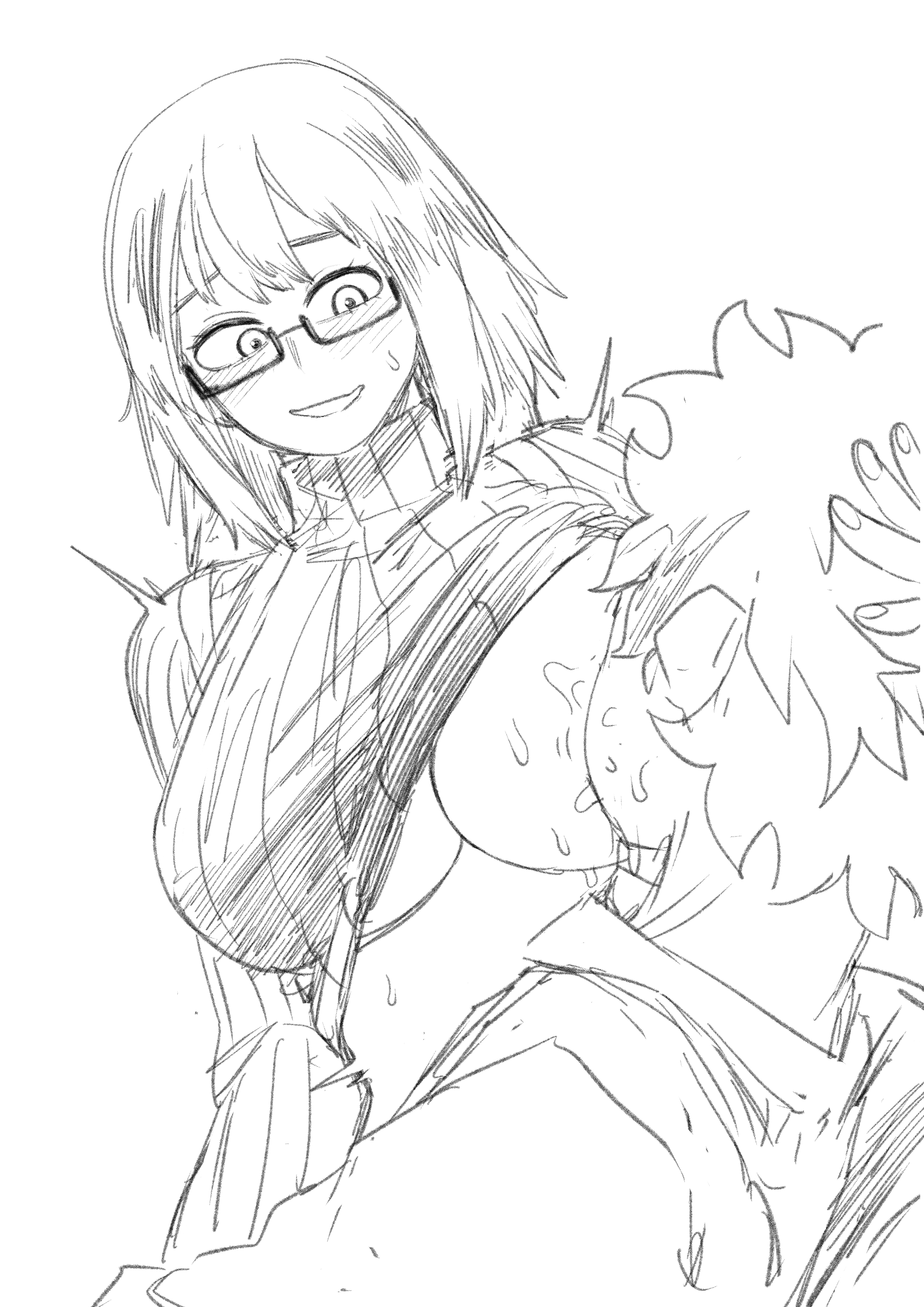 1boy, 1girls, amano44, big breasts, blush, breast grab, breast sucking, breasts, breasts out, female, fuyumi todoroki, glasses, izuku midoriya, male, monochrome, my hero academia, nipples, smile