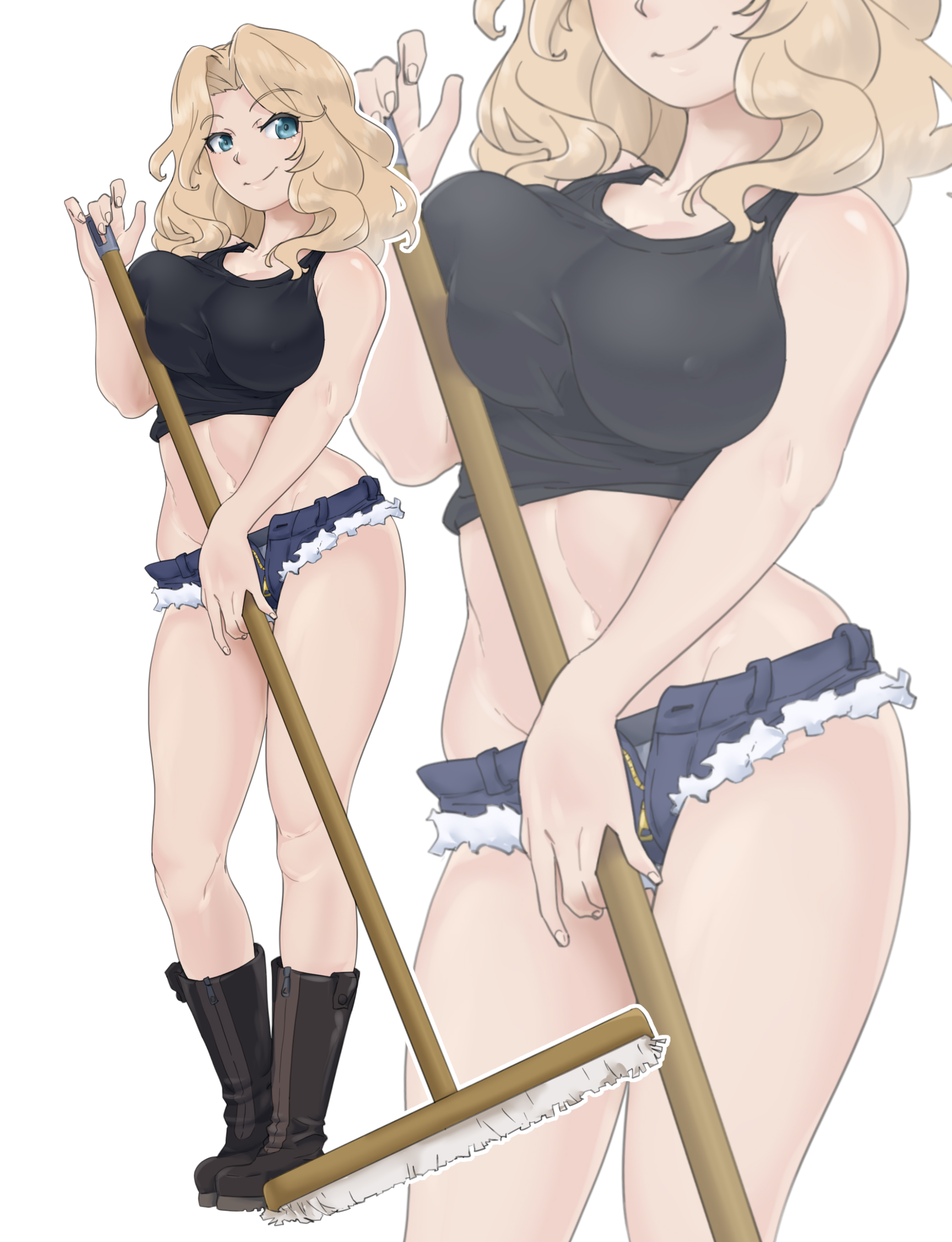 absurdres, black tank top, blonde hair, blue eyes, blue shorts, blush, breasts, broom, cleavage, closed mouth, female, full body, girls und panzer, highres, huaronanago, kay (girls und panzer), large breasts, looking at viewer, medium hair, midriff, military uniform, navel, saunders military uniform, short shorts, shorts, simple background, smile, solo, stomach, tank top, white background