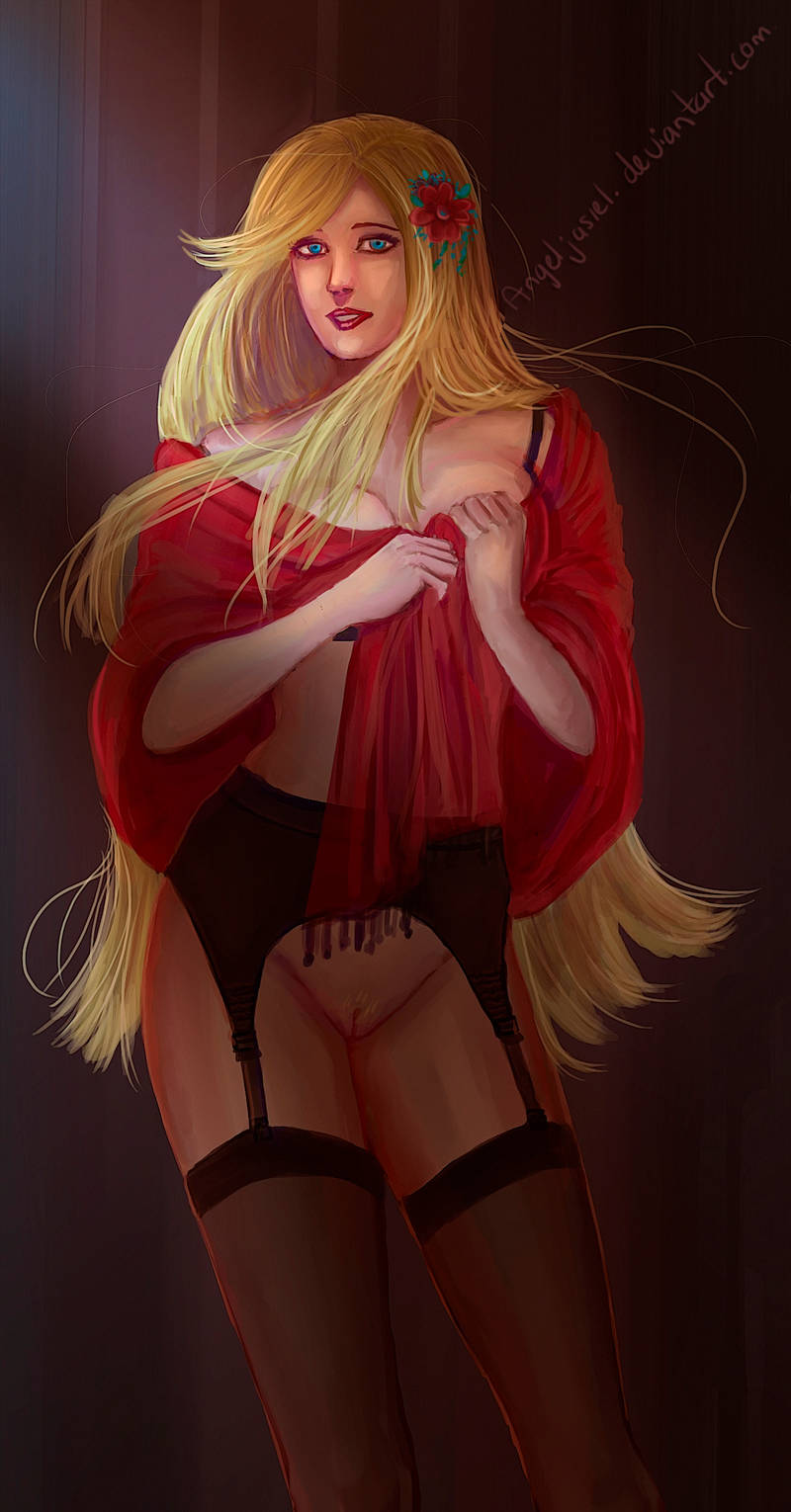 angeljasiel blonde_hair blue_eyes covering_breasts deviantart_link devil_may_cry eva_(devil_may_cry) feet_out_of_frame flower_in_hair half_naked large_breasts lingerie long_hair milf painttool_sai_(medium) pubic_hair pussy red_shirt sexy solo solo_female translucent_stockings