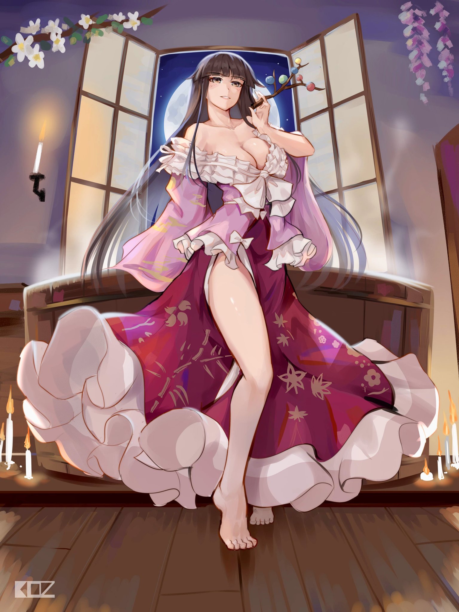 1girls, big breasts, black hair, breasts, cleavage, clothed female, detailed background, edz drawz, feet, female, kaguya houraisan, light-skinned female, long hair, smile, solo, solo female, thick thighs, thighs, touhou, watermark, yellow eyes