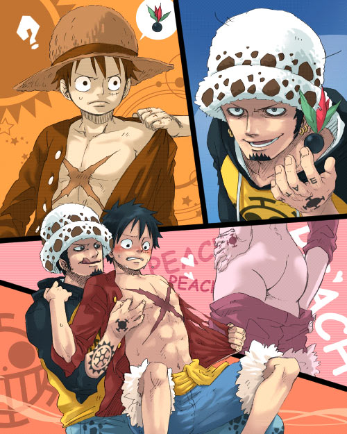 2boys ? artist_request ass bags_under_eyes comic gay hat hoodie male male_only monkey_d_luffy multiple_boys nipple_pinch nipple_tweak nippleplay nipples one_piece open_clothes open_shirt pre-timeskip sash scar sitting straw_hat tattoo torn_clothes trafalgar_law undressing yaoi