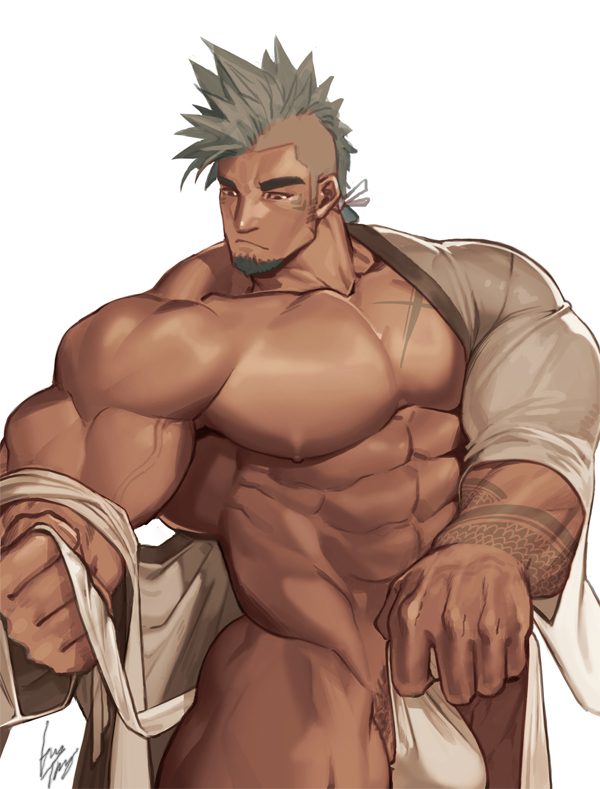 1boy abs arm_tattoo asymmetrical_hair bara bare_pectorals blue_eyes blue_hair bulge chest_tattoo cowboy_shot cross_scar dark-skinned_male dark_skin facial_hair fundoshi fundoshi_pull goatee gomtang japanese_clothes kimono large_pectorals long_hair long_sideburns male_focus male_pubic_hair male_underwear mature_male muscles muscular muscular_male nipples open_clothes open_kimono original pectorals penis penis_peek ponytail pubic_hair scar shark_(gomtang) sideburns sidecut solo stomach tattoo thick_eyebrows thick_thighs thighs undercut underwear white_background white_kimono white_male_underwear