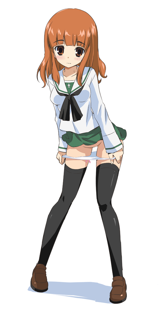 1girls, artist request, black legwear, blush, breasts, brown eyes, cross, female, full body, girls und panzer, loafers, long hair, looking at viewer, orange hair, ouhashi, panties, panties down, panty pull, school uniform, serafuku, shoes, simple background, skirt, solo, standing, takebe saori, thighhighs, underwear, undressing, white background