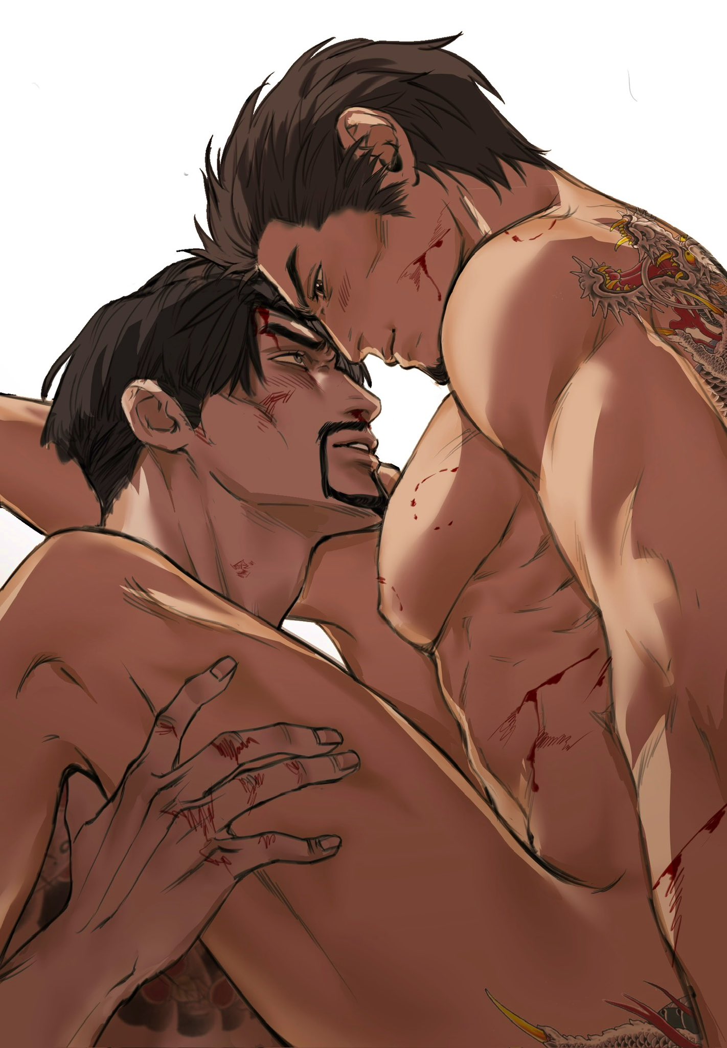 2boys anal bara black_hair blood_on_cheek blush completely_nude couple cowboy_shot eye_contact eyepatch facial_hair from_side goatee happy_sex hickey highres irezumi kiryu_kazuma large_pectorals looking_at_another majima_goro male_focus mature_male medium_sideburns multiple_boys muscular muscular_male nipples nude pectorals profile rough_sex ryuu_ga_gotoku_(series) sex short_hair sotenborinpc tattoo thick_eyebrows tsurime upright_straddle yaoi