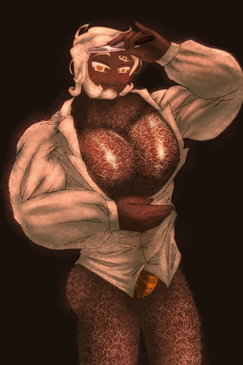 aleksawrite bara bara_tiddies bara_tits blonde_hair boob_window boobs_out cookie_run cookie_run_kingdom dark-skinned_male dark_skin gay hair hairy hairy_chest hairy_legs hairy_male jacket knife male male_boobs male_only muscular muscular_male oiled oiled_skin pecs pecs_bigger_than_head playful_smile royal_margarine_cookie shirt smile smile_at_viewer smirk white_hair