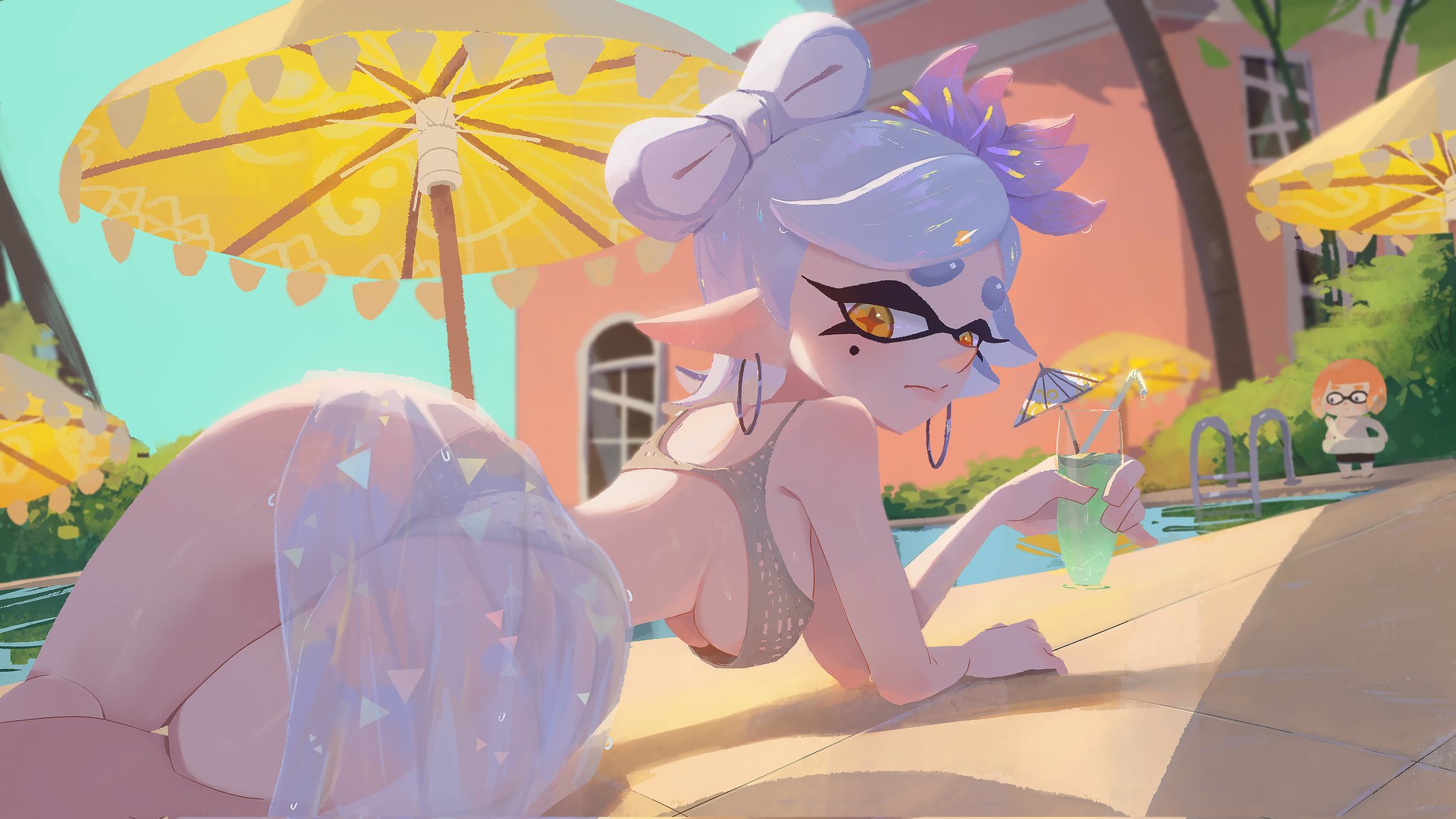 1girls, alternate costume, ass, beach umbrella, bikini, blush, bow-shaped hair, breasts, cocktail umbrella, drink, drinking straw, earrings, female, flower, frown, grey bikini, grey hair, hair flower, hair ornament, hanging breasts, highres, holding, holding drink, hoop earrings, huge ass, inkling, inkling girl, inkling player character, jewelry, large breasts, looking at viewer, looking back, lying, marie (splatoon), mole, mole under eye, nintendo, on side, parasol, pointy ears, pool, poolside, sarong, sky, solo, solo focus, splatoon, splatoon (series), squid girl, swimsuit, tagme, tentacle hair, tropical drink, umbrella, underboob, water, yellow eyes, zhang tian57284