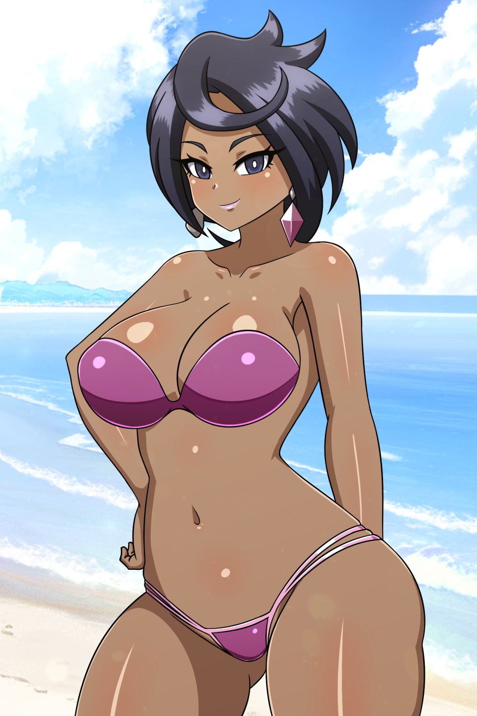 1girls alternate_version_at_source alternate_version_available beach black_hair dark-skinned_female dark_skin earrings female female_only justsayyen looking_at_viewer olivia_(pokemon) pokemon pokemon_sm solo strapless_bikini strapless_top yensh