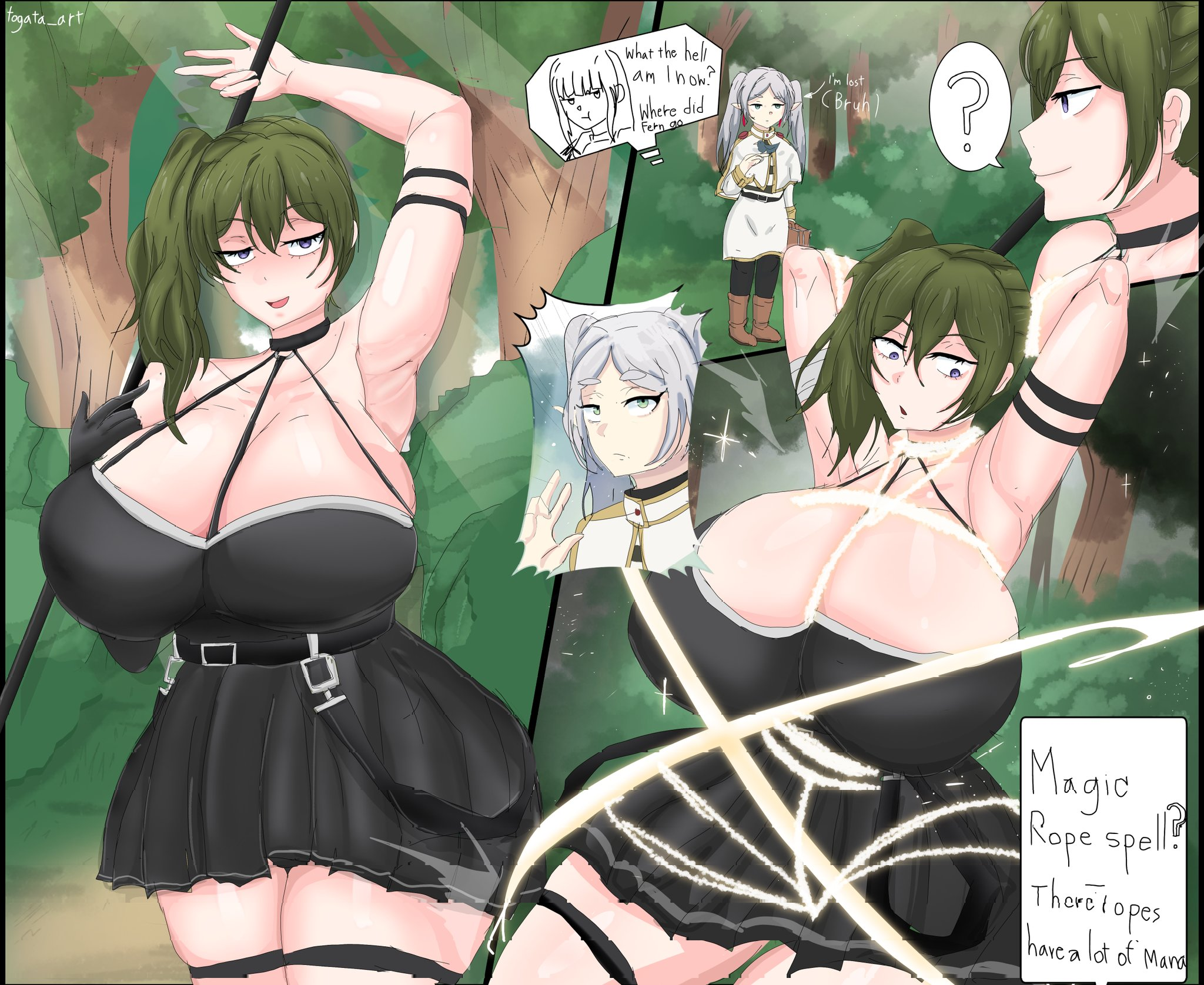 bondage, breasts, english text, female, fern (sousou no frieren), frieren, magic, restrained, sousou no frieren, togata art, ubel (sousou no frieren)