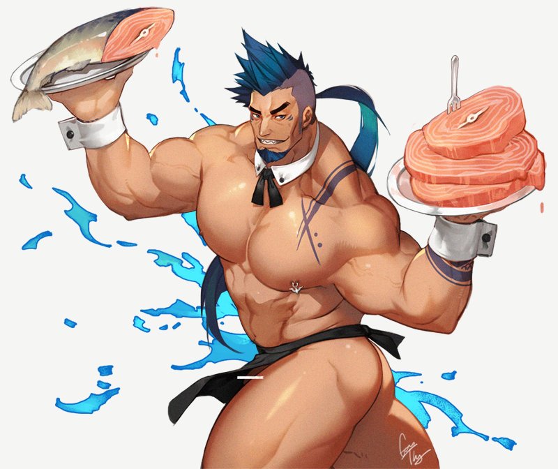 1boy abs alternate_costume anchor_symbol apron apron_lift ass asymmetrical_hair bar_censor bara bare_pectorals biceps black_apron blue_eyes blue_hair censored chest_tattoo clothes_lift detached_collar facial_hair fish goatee gomtang grin holding holding_plate large_pectorals long_hair looking_at_viewer male_focus mature_male muscular muscular_male navel nipple_piercing nipples original pectorals penis penis_peek piercing plate ponytail revealing_clothes shark_(gomtang) sharp_teeth sideburns sidecut smile solo stomach tattoo teeth thick_eyebrows thick_thighs thighs undercut waist_apron water wrist_cuffs