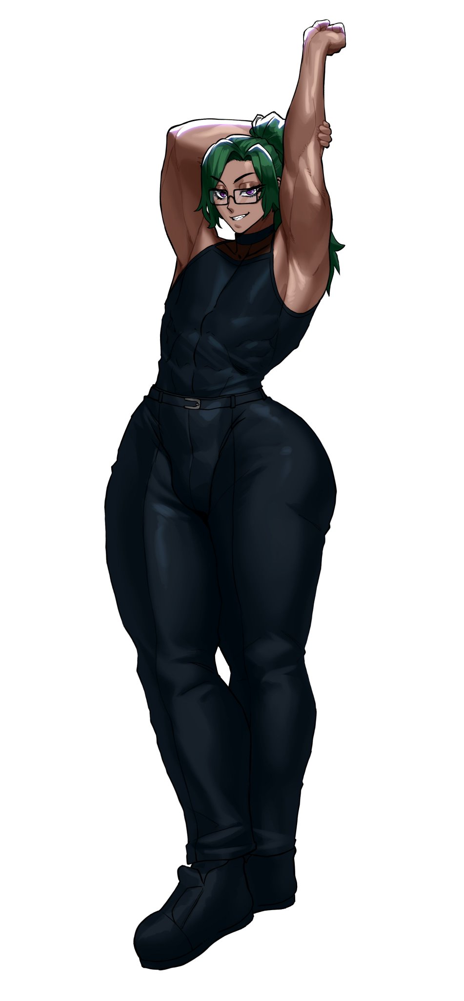 1boy, arms up, big thighs, clothed, clothed male, curvy, curvy body, curvy figure, curvy male, digital drawing (artwork), digital media (artwork), femboy, femboy only, feminine, feminine male, glasses, green hair, green-haired male, hi res, hips, hips wider than shoulders, hourglass figure, hourglass figured male, human, human male, long hair, long-haired male, looking at viewer, looking pleasured, male, mature, mature male, muscular, muscular femboy, muscular male, pleasure face, ponytail, ponytail male, solo, solo focus, solo male, sotcho, stretching, thick thighs, thighs, thighs bigger than head, wide hips