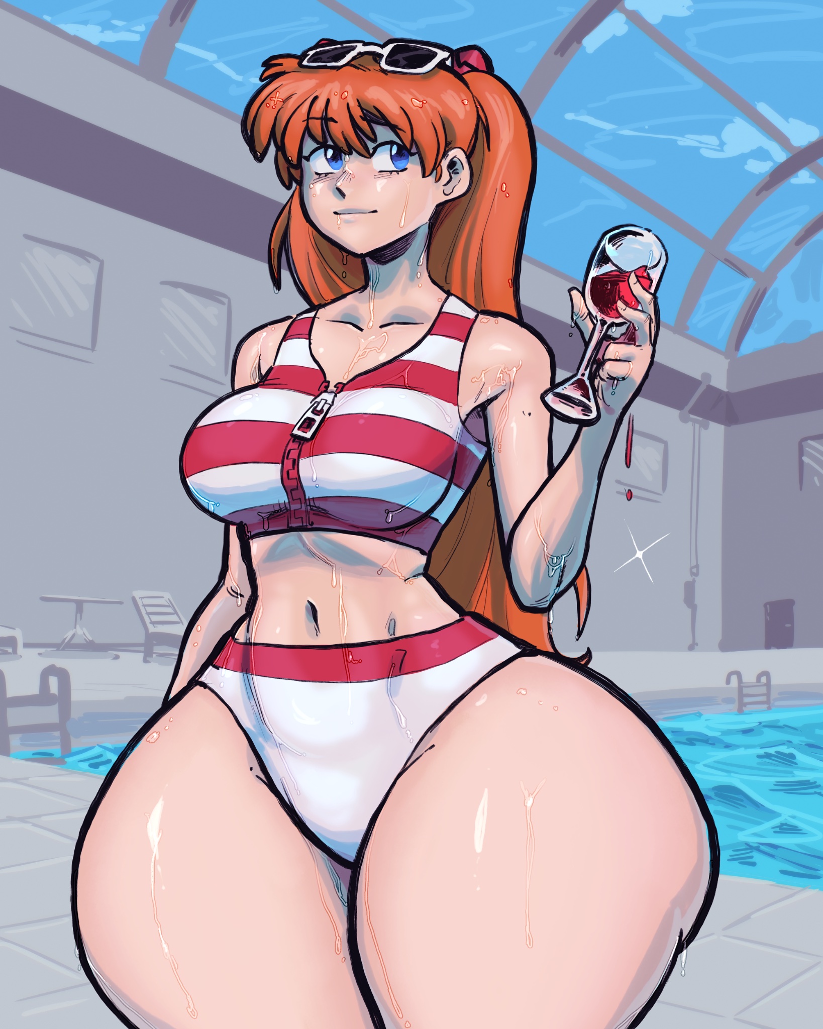 asuka langley sohryu, bent over, bikini, breasts, brown hair, cleavage, cup, curvy, donut doodles, donutsdoodles, drinking glass, feet out of frame, female, highres, holding, holding cup, huge thighs, indoors, large breasts, long hair, looking at viewer, massive thighs, multicolored bikini, navel, neon genesis evangelion, orange hair, red bikini, redhead, shiny skin, simple background, smile, solo, souryuu asuka langley, striped bikini, striped clothes, striped swimsuit, swimsuit, thick thighs, two side up, two-tone bikini, wet, wet clothes, wide hips, wine glass