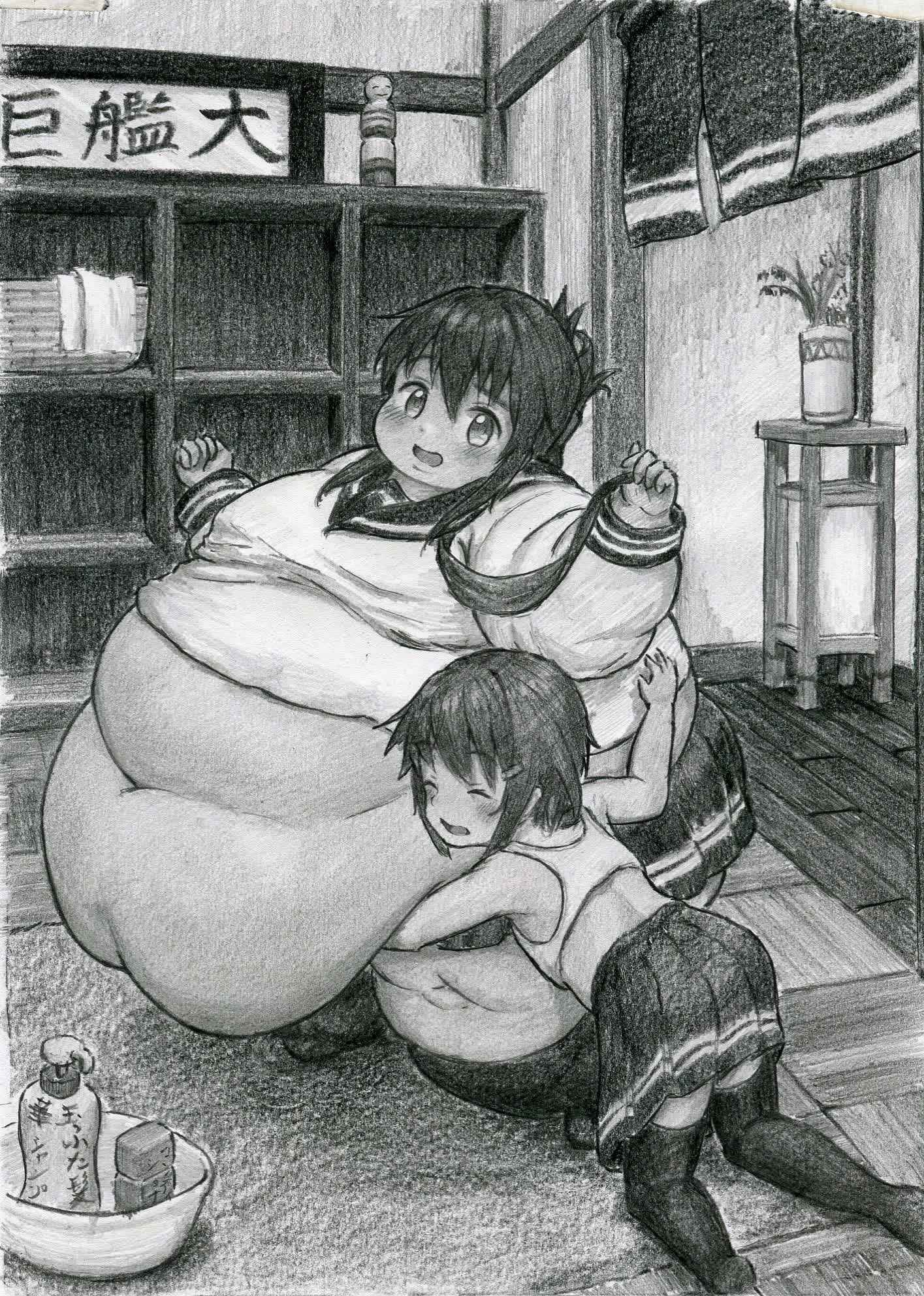 fat huge_belly huge_thighs hugging massive_belly morbidly_obese_female obese_female skinny_girl tagme_(artist) unknown_artist wardrobe_malfunction