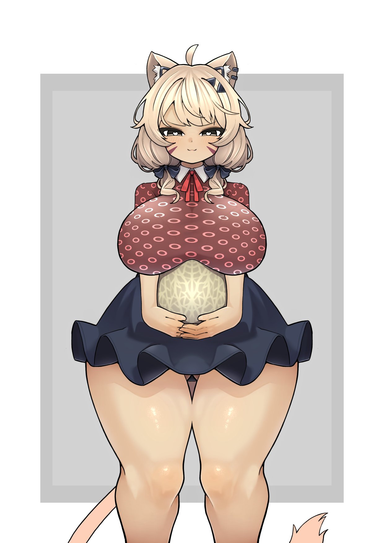 ahoge animal_ears bangs bare_legs blonde_hair blush bow breasts brown_eyes closed_mouth dress eyebrows_visible_through_hair feet_out_of_frame female heart holding large_breasts looking_at_viewer red_bow short_hair smile solo squchan_(vtuber) standing striped tail thick_thighs thighs vyugen