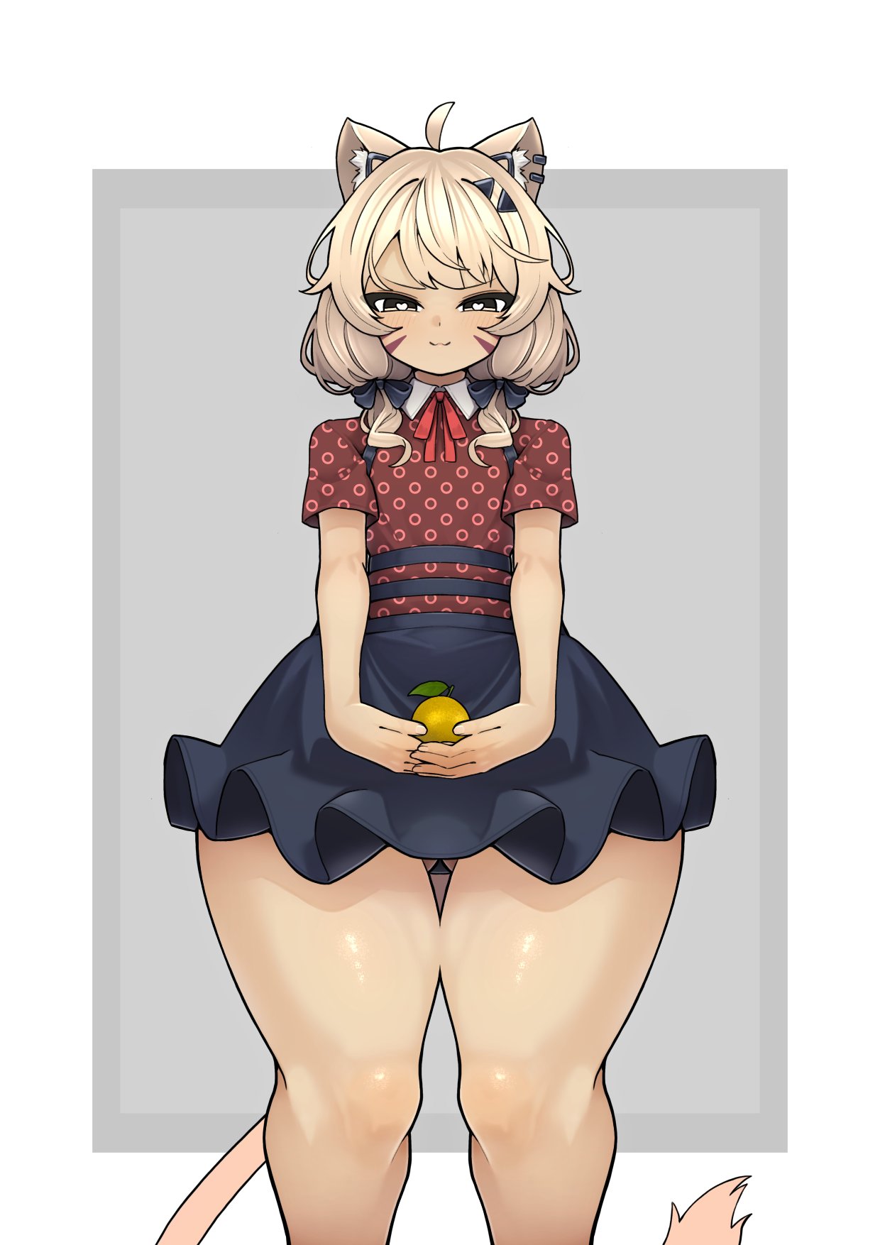 ahoge animal_ears bangs bare_legs blonde_hair blush bow brown_eyes closed_mouth dress eyebrows_visible_through_hair feet_out_of_frame female food food_print fruit holding holding_food holding_fruit looking_at_viewer low_twintails medium_hair polka_dot puffy_short_sleeves puffy_sleeves red_shirt short_hair short_sleeves skirt smile solo squchan_(vtuber) standing striped tail twintails vyugen