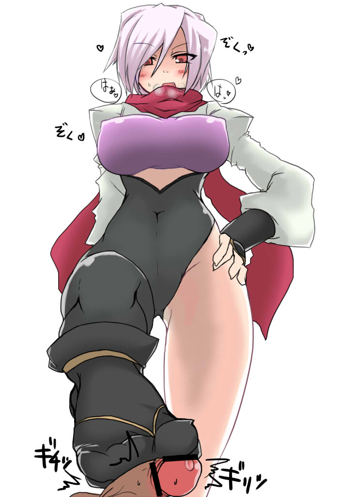 asymmetrical_legwear blush breasts footjob from_below hand_on_hip hanzo_(yatagarasu) hattori_hanzo_uruka heavy_breathing hiya_(dkr) hiya_(pixiv) large_breasts ninja penis red_eyes scarf short_hair silver_hair solo stepped_on yatagarasu_(game)