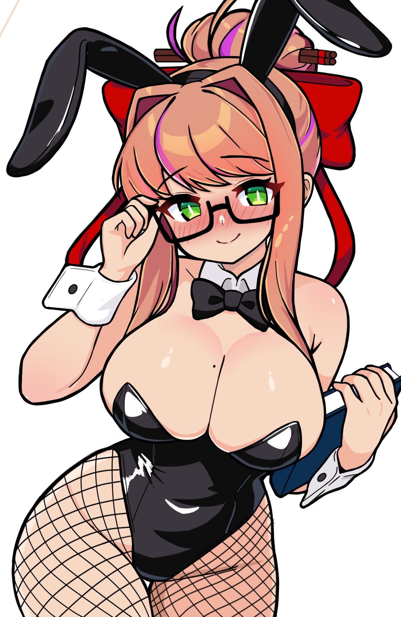 1female 1girls 5_fingers bare_shoulders big_breasts black_bowtie blush blush_lines blushing book bowtie bowtie_collar breasts bunny_ears bunny_suit bunnysuit cleavage collar doki_doki_literature_club female female_focus fishnet_legwear fishnets glasses green_eyes hair_intakes holding_book legwear long_hair mole_on_breast monika_(doki_doki_literature_club) somnipheromone storyteller_monika_(doki_doki_literature_club) thigh_gap thighs