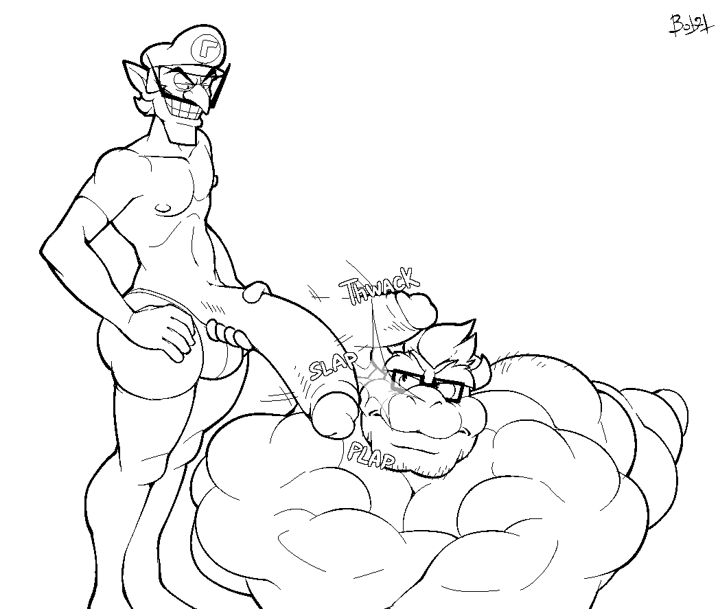 2boys annoyed anthro armwear biceps big_muscles big_penis bowser duo enormous_penis erection extrasizedbob eye_contact facial_hair furry furry_male gay genitals gigantic_penis glasses grin hat hitting_head holding_penis horns huge_cock koopa large_penis legwear looking_down looking_up male male/male male_nipples mammal mario_(series) moustache muscular muscular_anthro muscular_male nintendo nipples no_color nude nude_male penis reptile scalie skinny skinny_male smiling thick_penis waluigi white_background