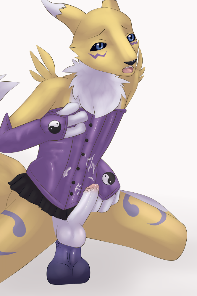 anthro canine corset crossdressing cum digimon dildo exposed fox fur furry gay glove male no_humans penis purple renamon riding sex_toy skirt uncut white_fur wiskar yellow_fur