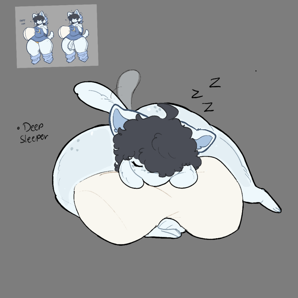 ass_bigger_than_head big_ass blue_fur fat_ass feline femboy holding_object lopsalien non-human original_character sleep_sex sleeping sleepytem_(lopsalien) tail_motion temmie thick_thighs wide_hips