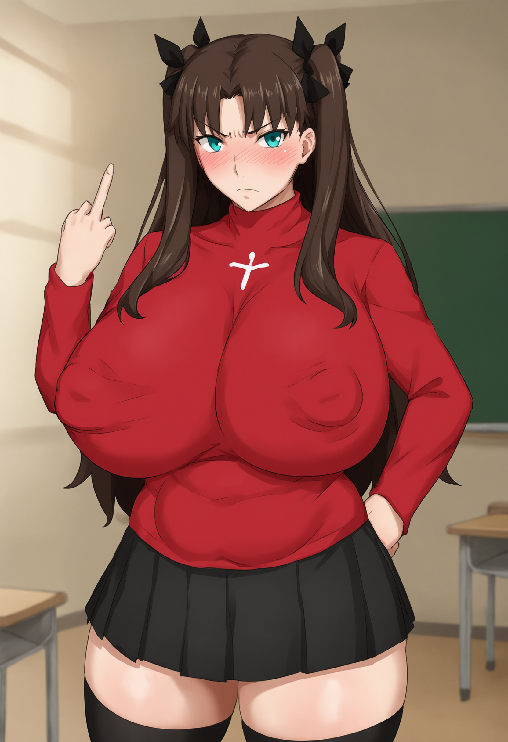 1girls, ai generated, black legwear, black skirt, blush, breasts, brown hair, classroom, fate (series), fate/stay night, female, hi res, huge breasts, light skin, looking at viewer, middle finger, nipple bulge, nipples visible through clothing, thick thighs, thickerai, tohsaka rin, twintails, venus body