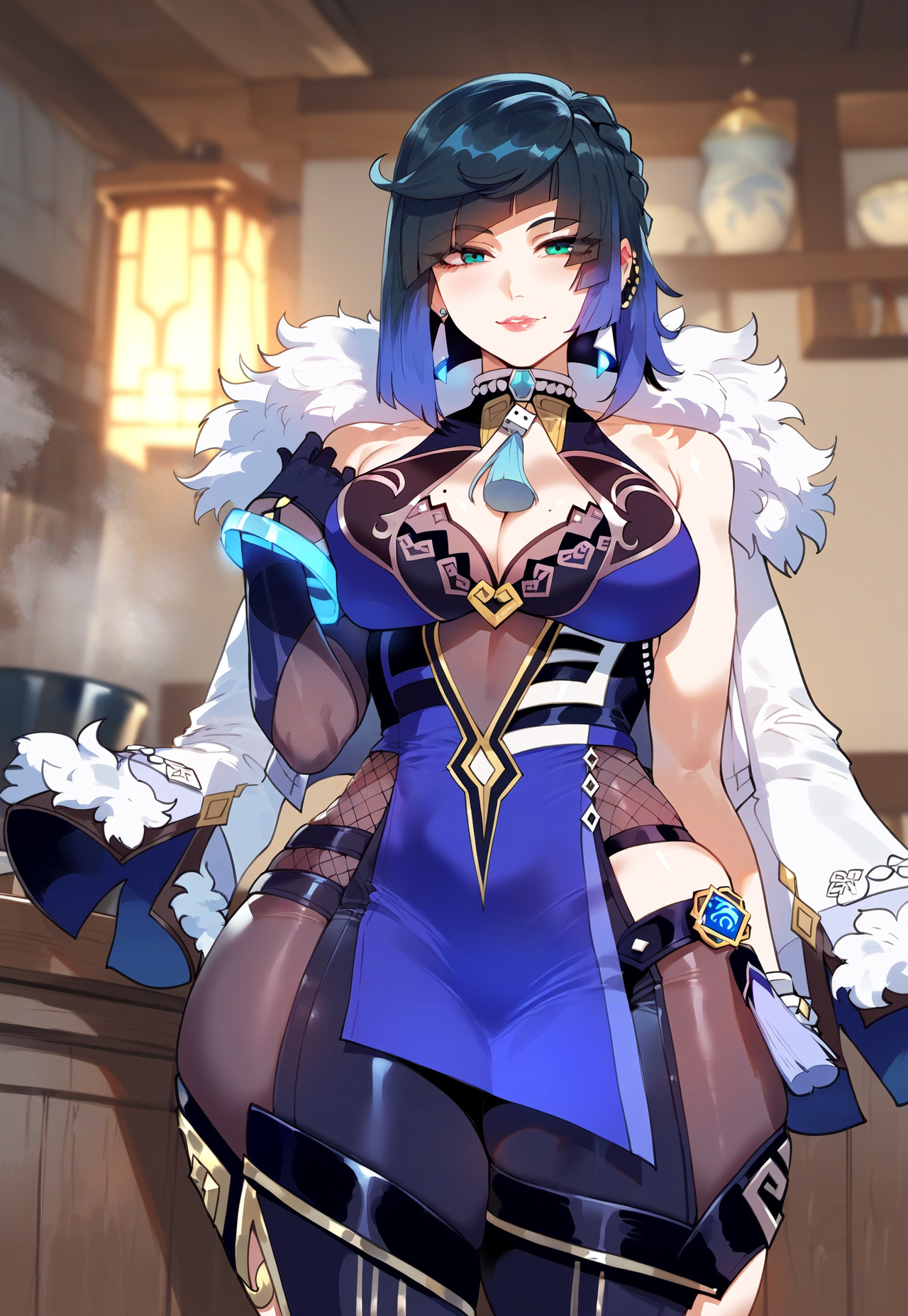 1girls, ai generated, asymmetrical gloves, bangs, bare shoulders, black gloves, black hair, blue dress, blue hair, bob cut, breasts, cleavage, cleavage cutout, clothing, clothing cutout, curvaceous, curvaceous female, curvaceous figure, curvy, curvy figure, diagonal bangs, dice, dress, earrings, elbow gloves, female, female focus, female only, fur trim, fur-trimmed jacket, genshin impact, gloves, green eyes, hip vent, indoors, inviting, jacket, jacket on shoulders, jewelry, large breasts, lips, looking at viewer, mismatched gloves, miyuai, mole, mole on breast, multicolored hair, neck ring, neck tassel, parted lips, pelvic curtain, presenting, presenting ass, presenting breasts, presenting hindquarters, presenting self, seductive, seductive look, seductive smile, short hair, single elbow glove, sleeveless, smile, solo, steam, tassel, thick thighs, thighs, tight clothes, tight pants, two-tone hair, vision (genshin impact), voluptuous, voluptuous female, white jacket, wide hips, yelan (genshin impact)