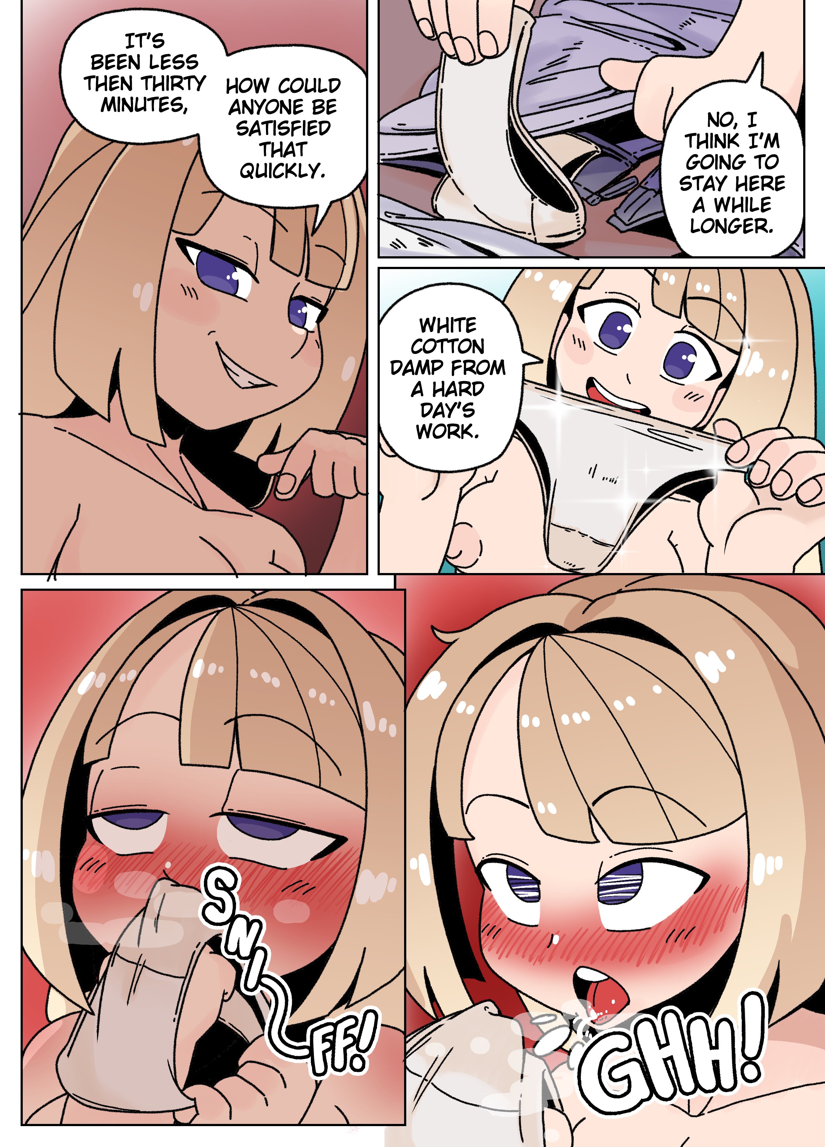 1girl, 1girls, bedroom, blonde hair, blush, body costume, color, comic, disguise, disguised male, ellie (impunderneath), ellie skinsuit, english text, female, female pervert, genderswap, genderswap (mtf), human costume, humansuit, identity theft, impersonation, imposter, impunderneath, male in female body, nude, nude female, original, original character, page 11, panty sniffing, perfect disguise, possessed, possession, purple eyes, rolling eyes, skinsuit, sniffing, sniffing panties, white panties