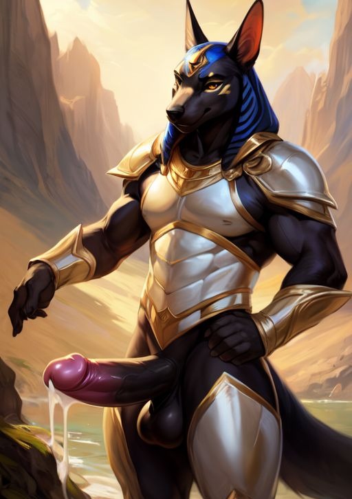 ai_generated anthro anubis armor black_body cum cum_drip erect_penis erection male male_only muscle muscles muscular muscular_anthro muscular_male naked naked_male nude nude_anthro nude_male